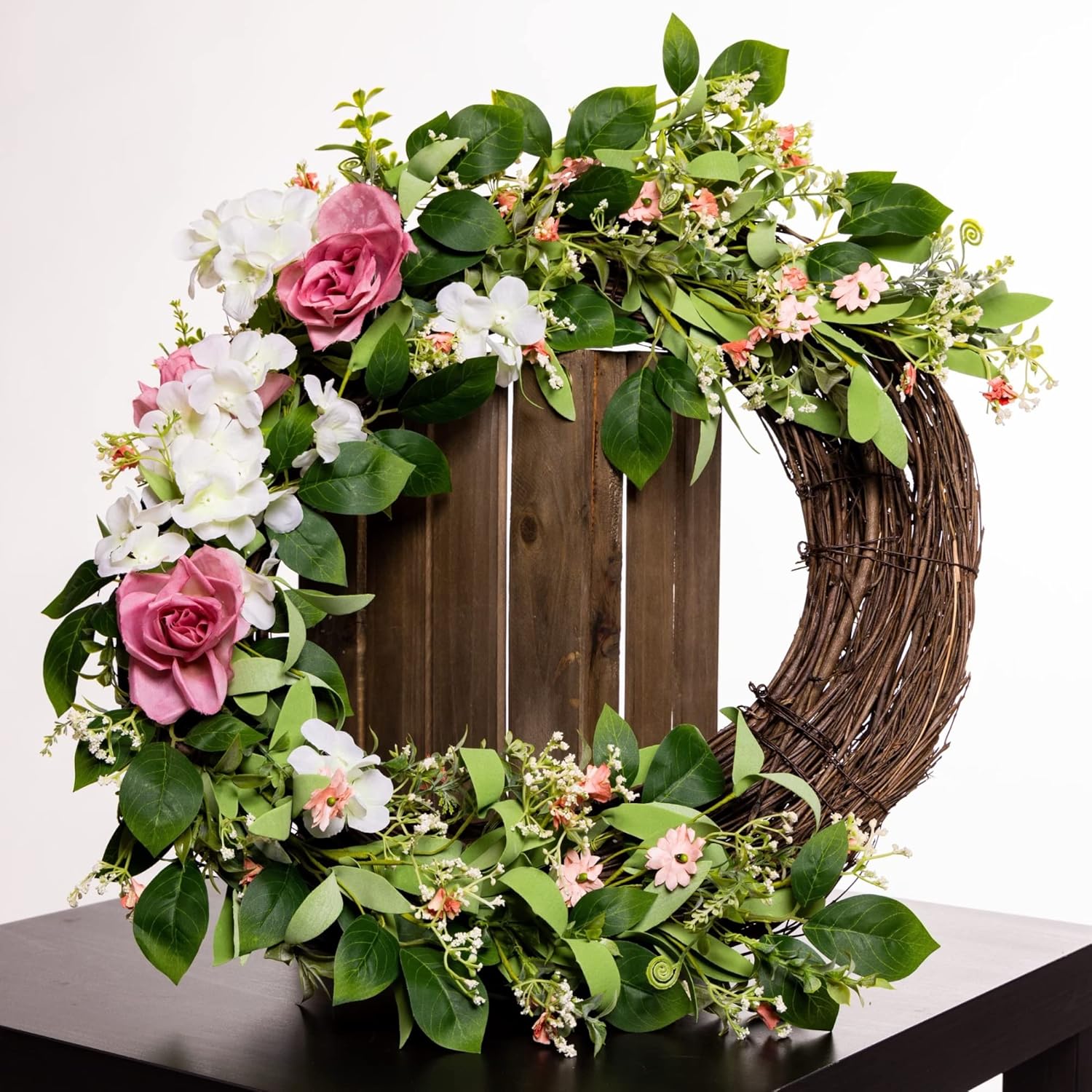 Summer Wreath with White and Pink Roses 24 Inches