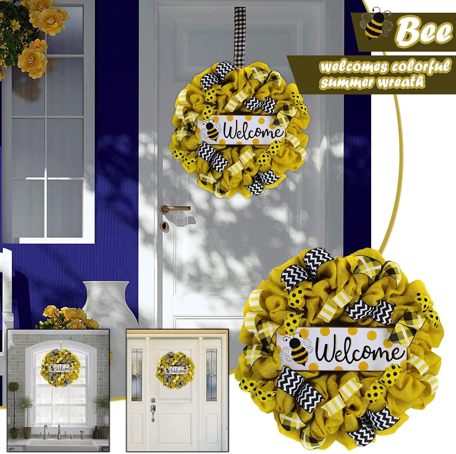 Summer Bee Wreath with Sunflowers Door Decor