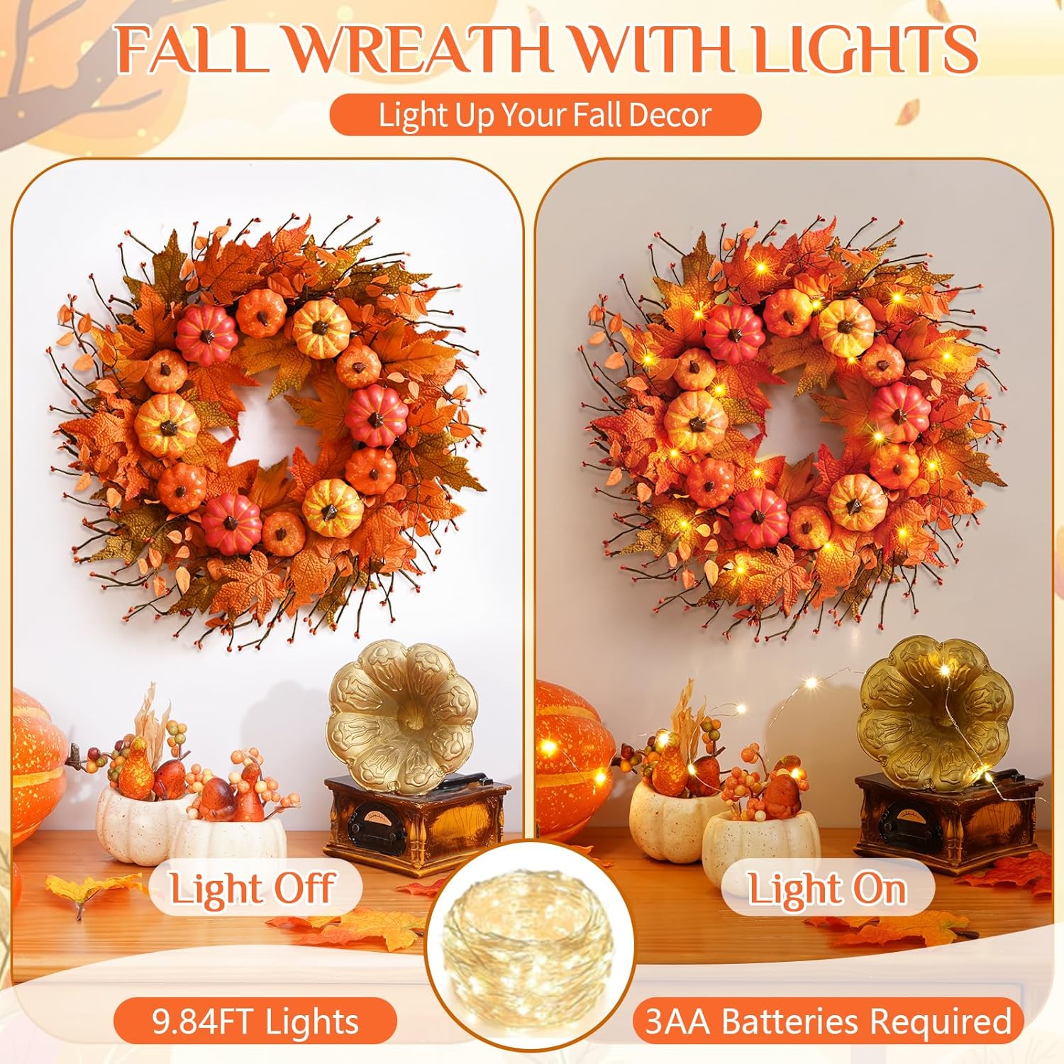 Fall Wreath for Front Door with Pumpkins Leaves 20 Inch Autumn Decor