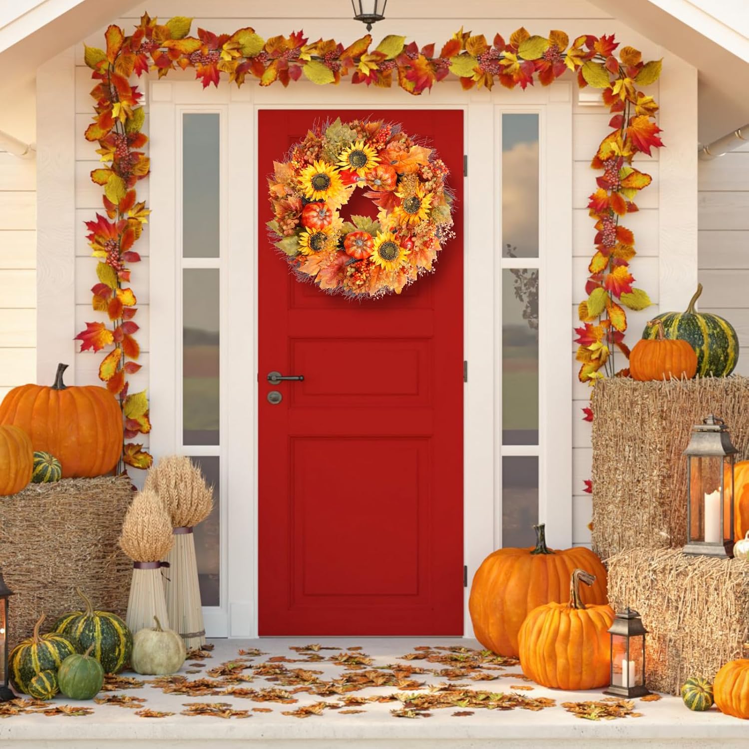 Fall Wreath with Pumpkins and Sunflowers 22 Inch Decor for Front Door