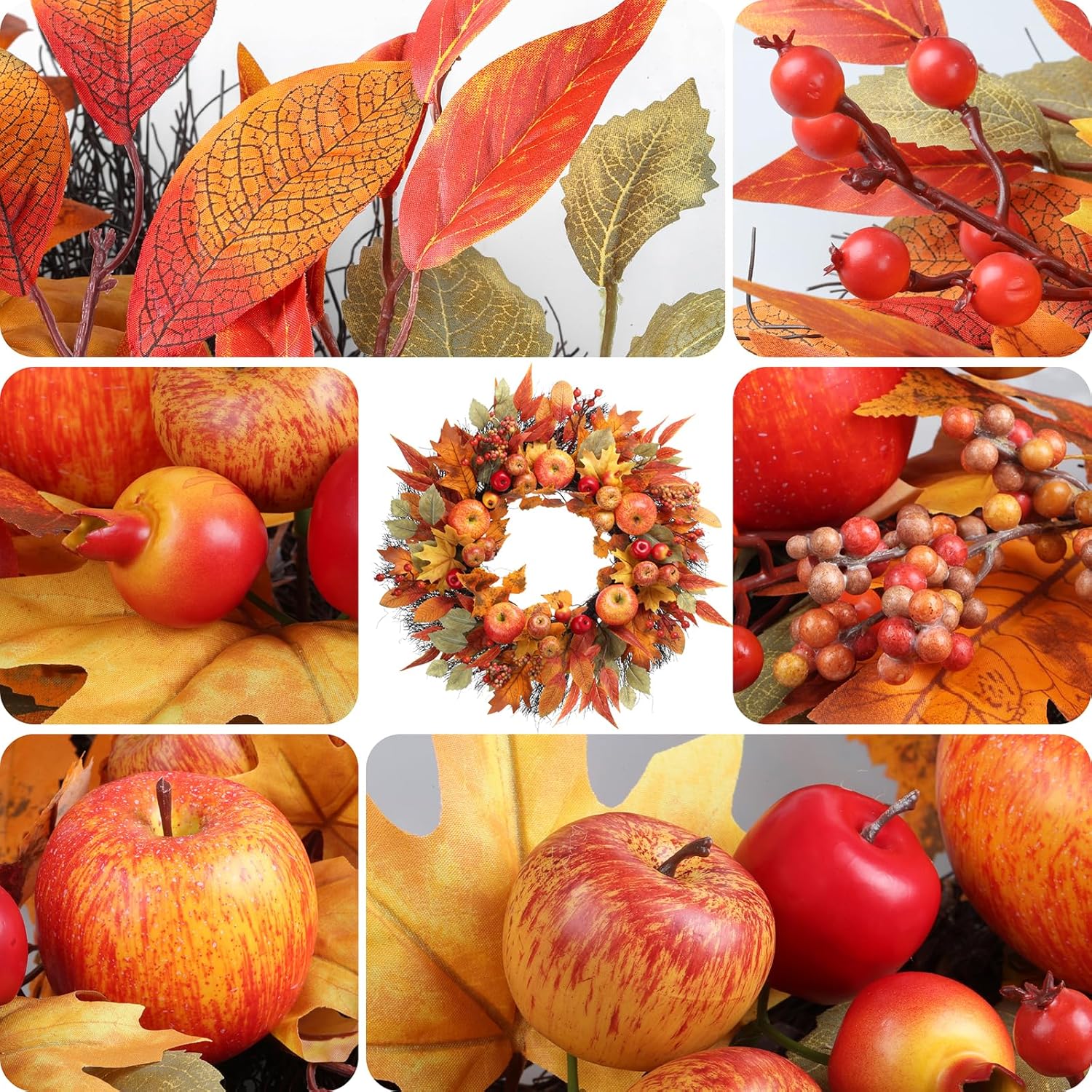 Fall Wreath for Front Door - 22 Inch Autumn Harvest Decor with Realistic Apples Berries Pomegranates and Maple Leaves