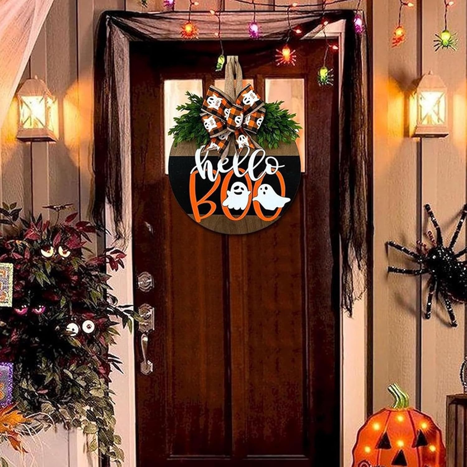 Halloween Door Wreath with Ghost Welcome Sign