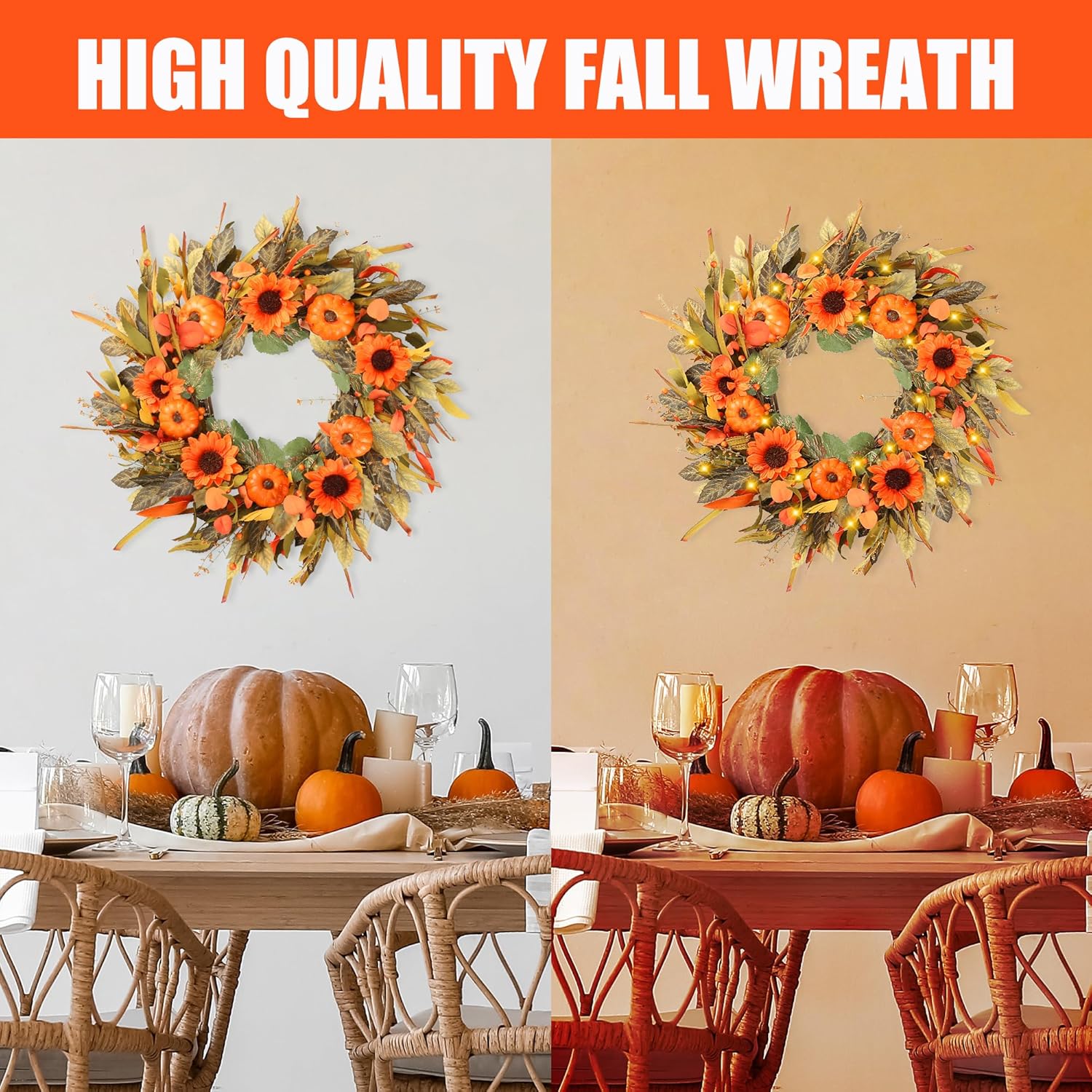 Sggvecsy 24 Inch Fall Wreath with Pumpkins and Sunflowers