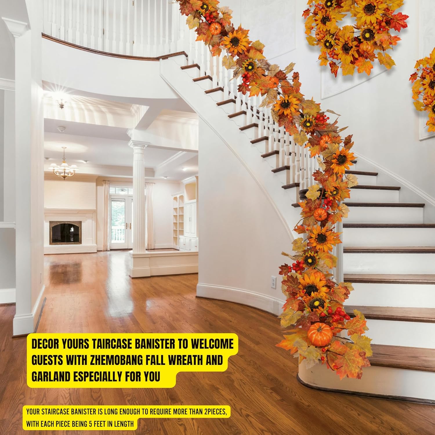 Zhemobang 22 Inch Fall Wreath with Sunflowers and Pumpkins