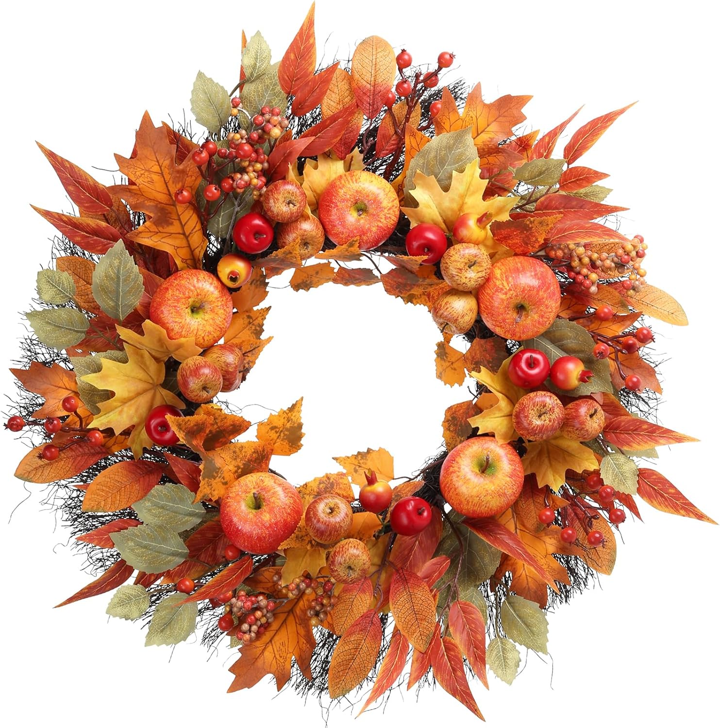 Fall Wreath for Front Door - 22 Inch Autumn Harvest Decor with Realistic Apples Berries Pomegranates and Maple Leaves