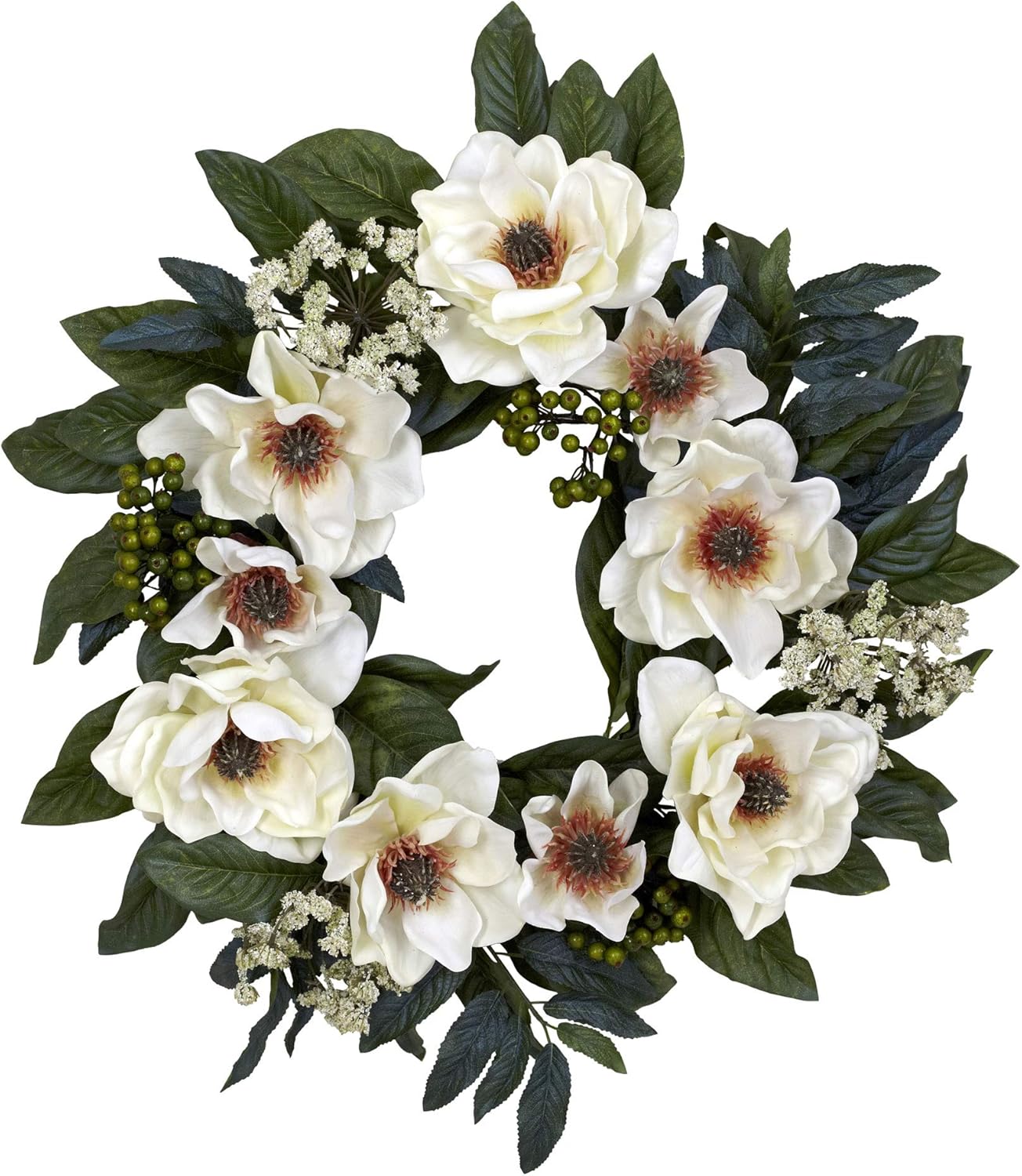 Nearly Natural 22in Magnolia Wreath White