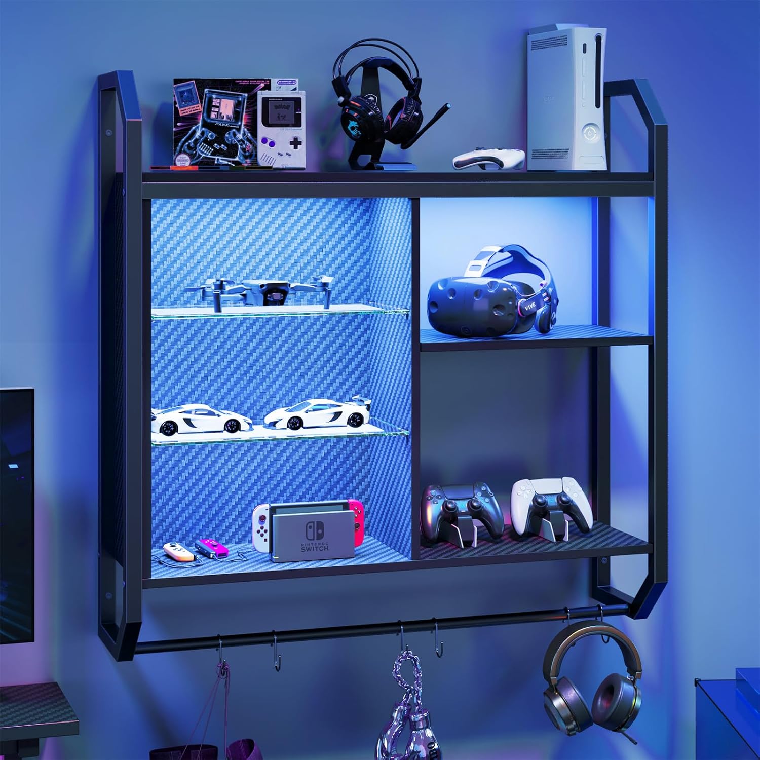 Bestier LED Gaming Floating Shelf with 6 S-Hooks Black Carbon Fiber