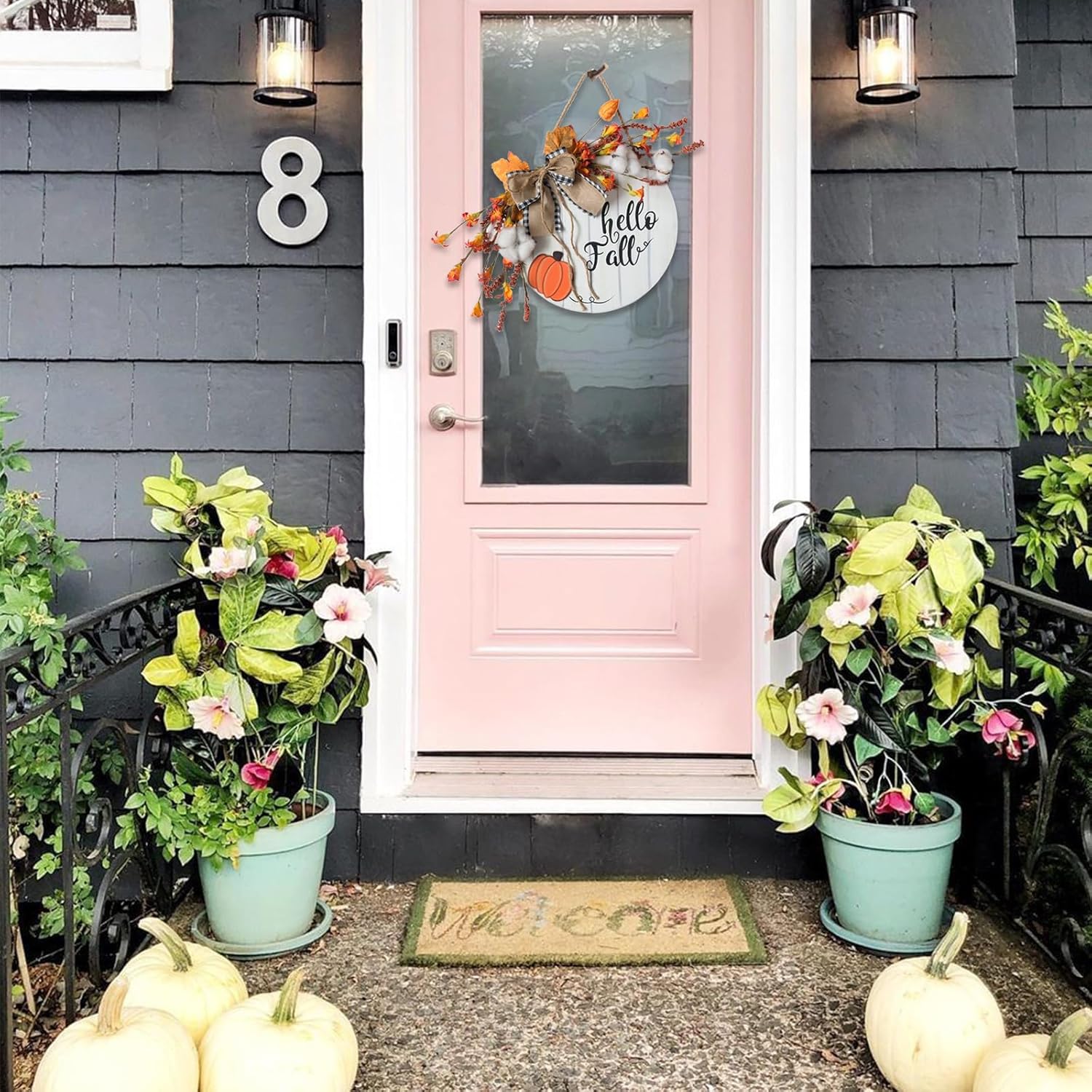 Fall Wreath Wooden Hanging Sign with Burlap Bow and Maple Leaves