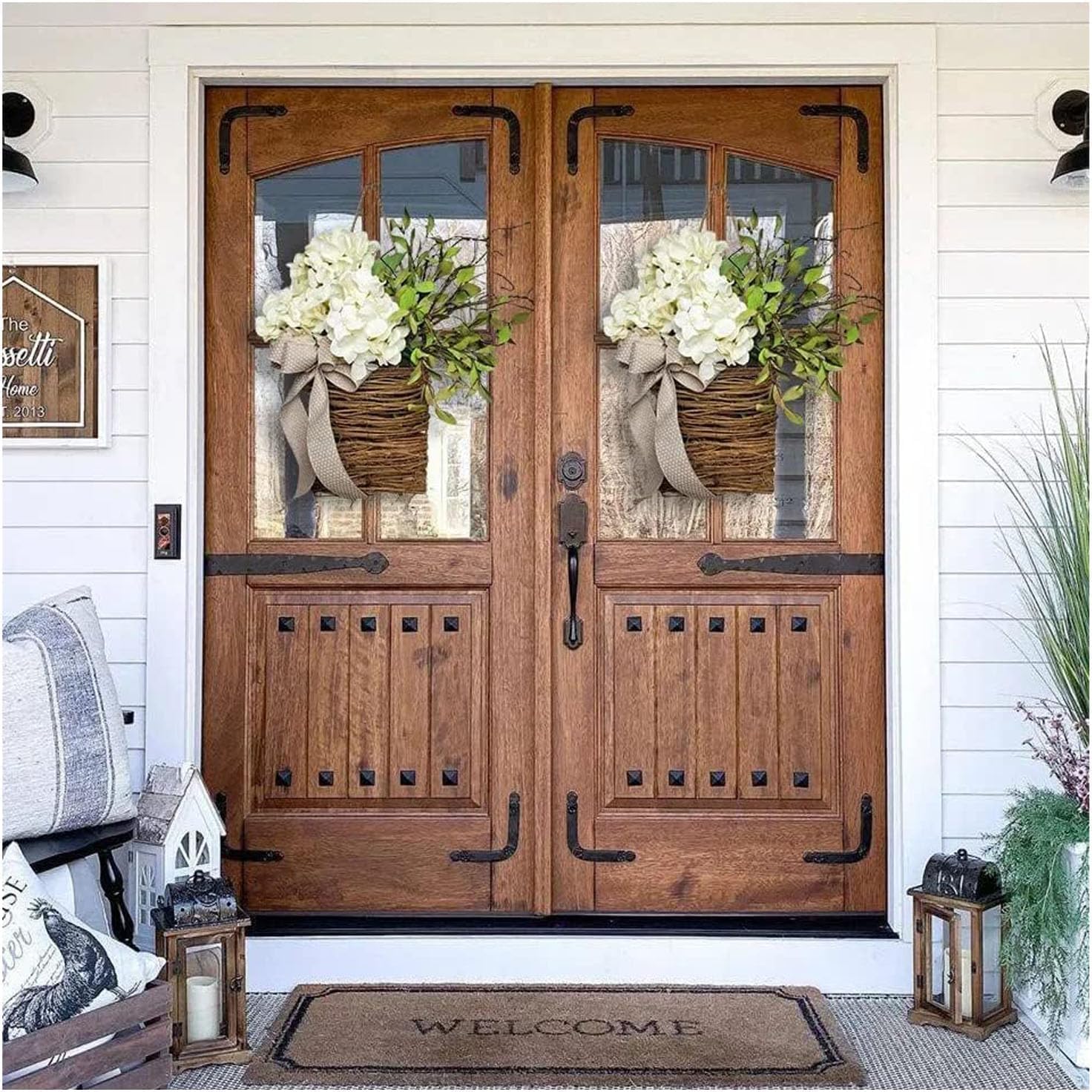 Cream Hydrangea Door Wreath with Rattan Basket and Burlap Bow