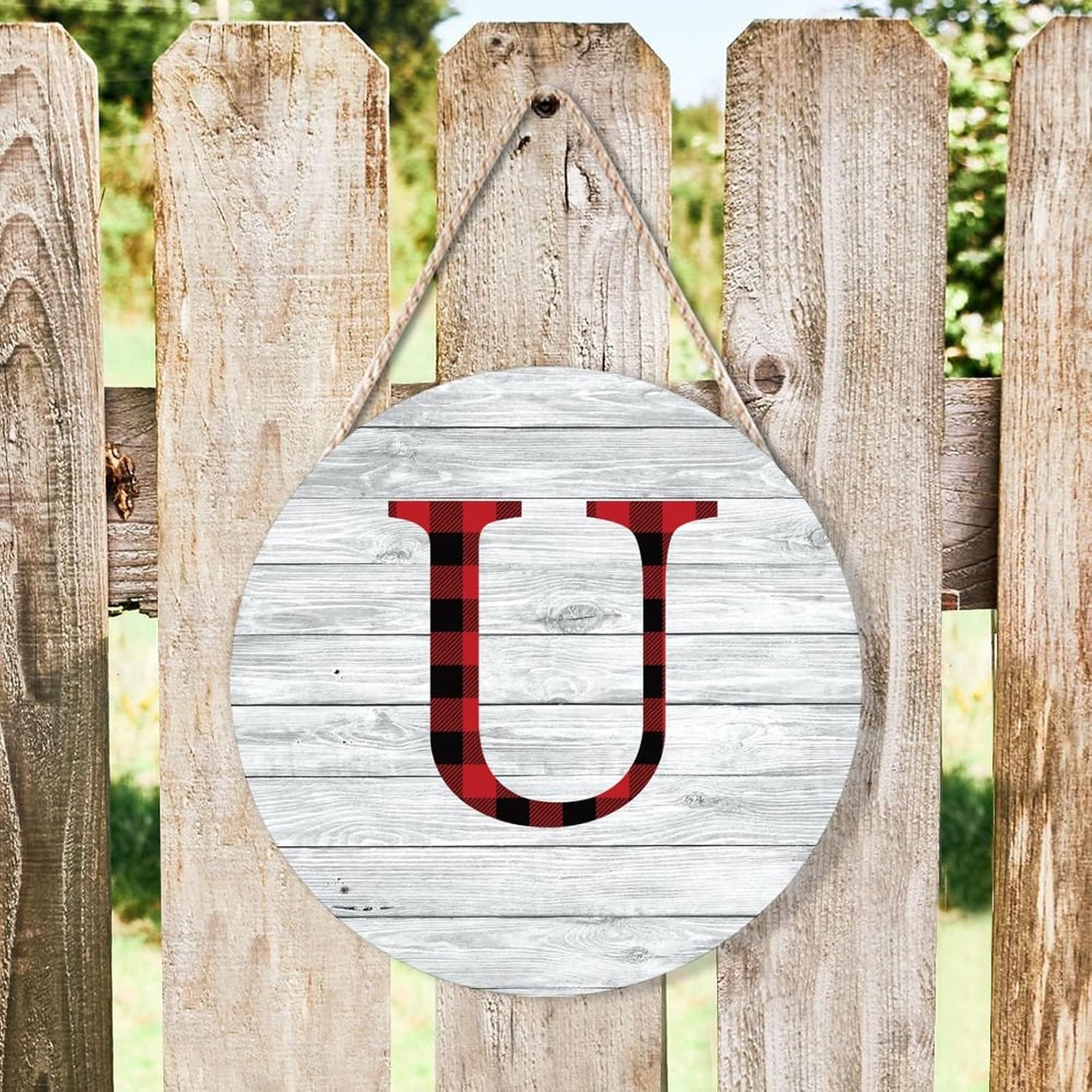 Farmhouse Door Hanger 10x10in Wood Sign Red Black Buffalo Plaid