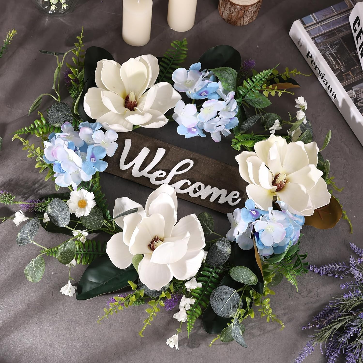 24 Inch Artificial White Magnolia Wreath for Front Door