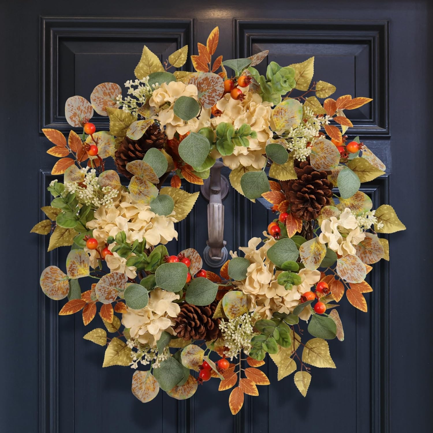 22 Inch Fall Hydrangea Wreath with Eucalyptus Pinecones Orange Berries