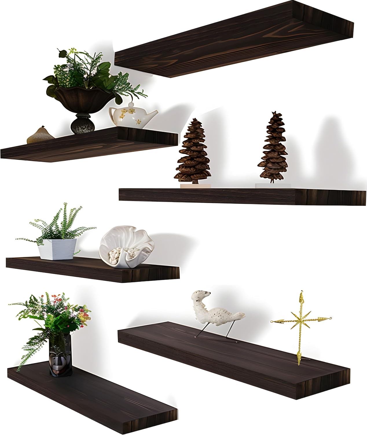 Brown Wood Floating Shelves Set of 6 for Rustic Bedroom Living Room