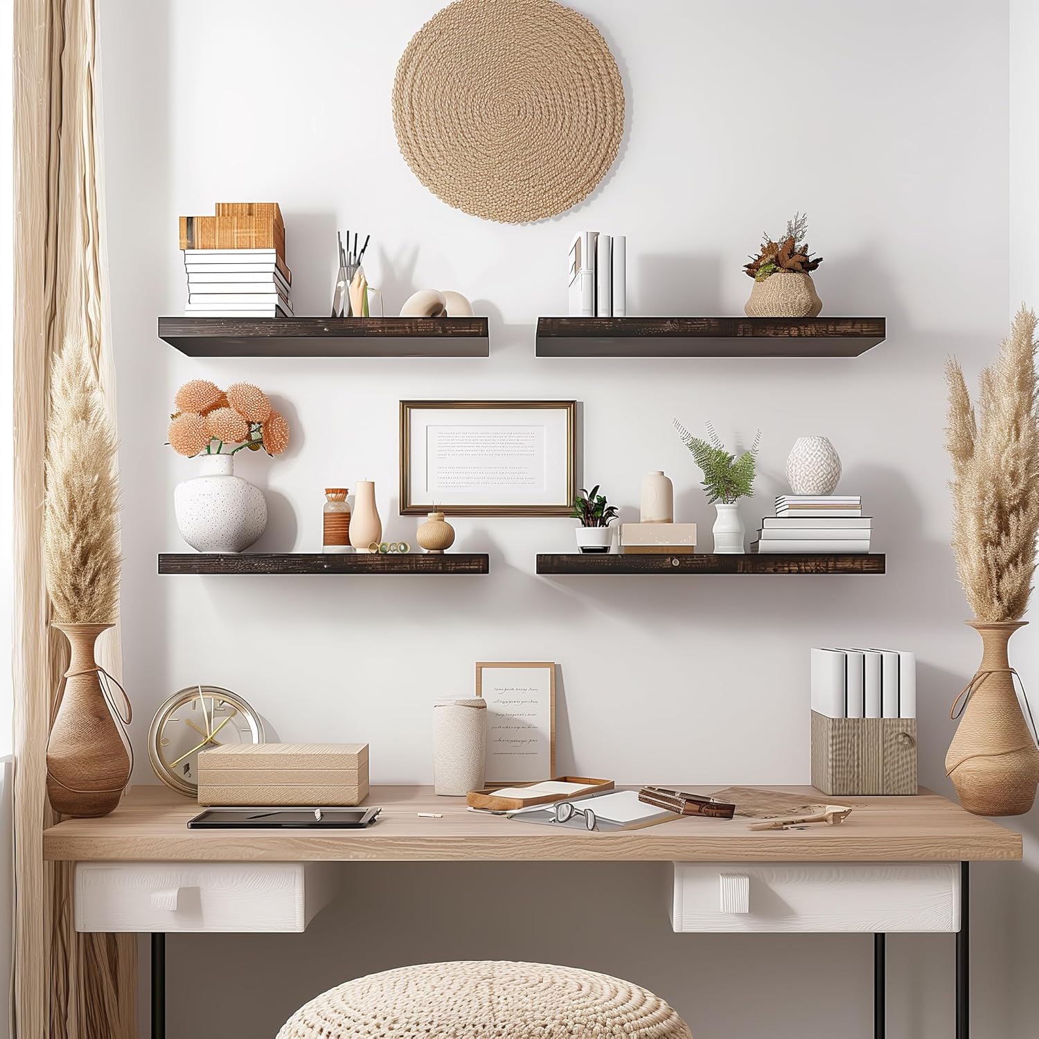 Brown Wood Floating Shelves Set of 6 for Rustic Bedroom Living Room
