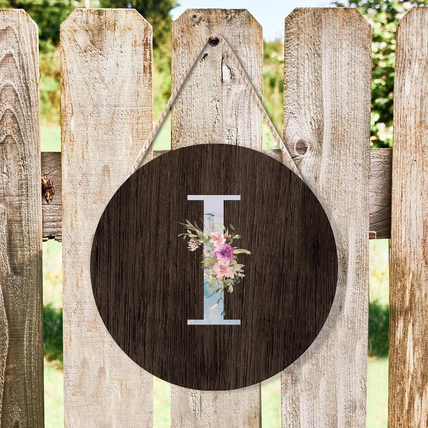Farmhouse Door Hanger Blue Marble Floral Initial Letter I Wood Sign
