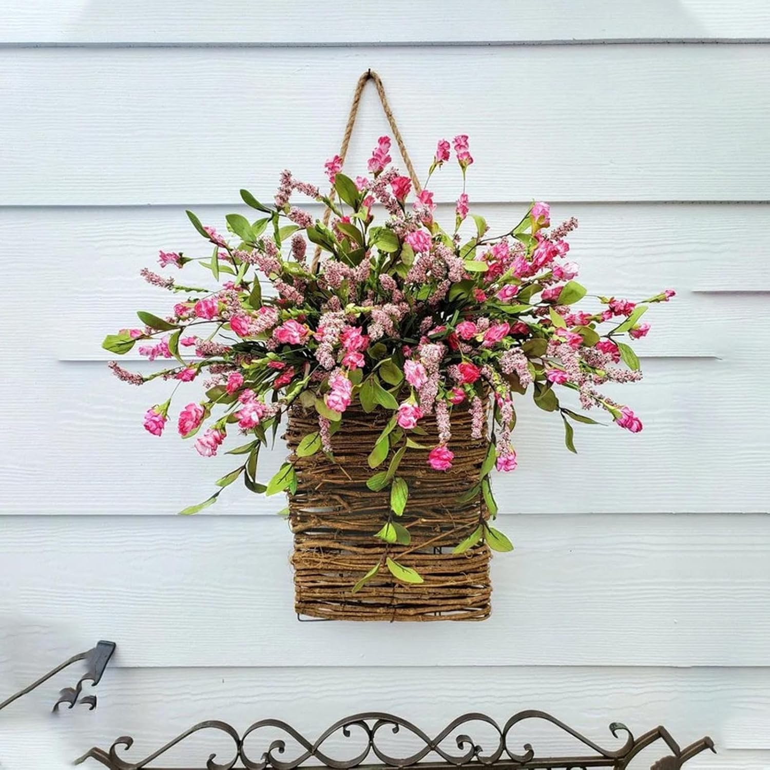 Cream Hydrangea Door Wreath with Silk and Rattan Design