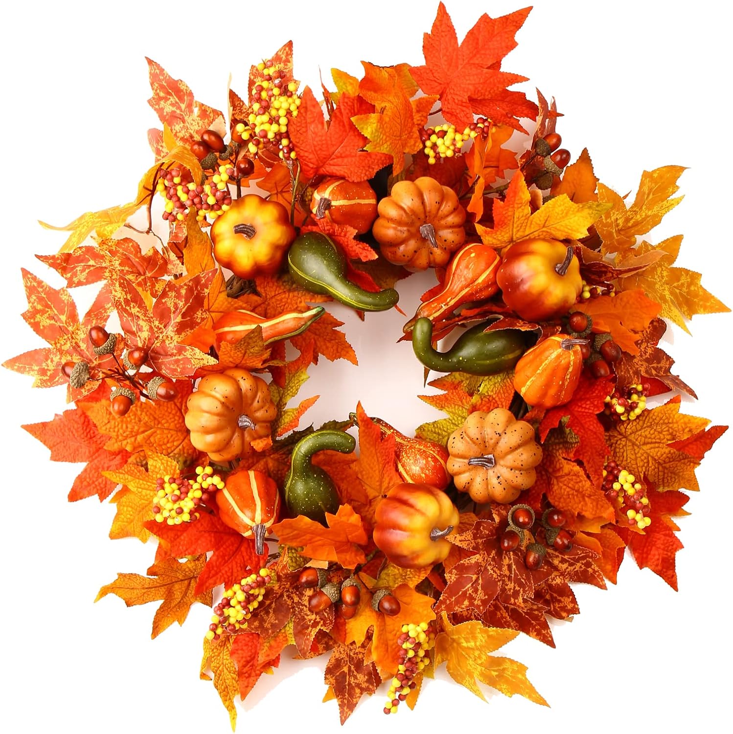 24 Inch Fall Wreath with Pumpkins Berries Maple Leaves
