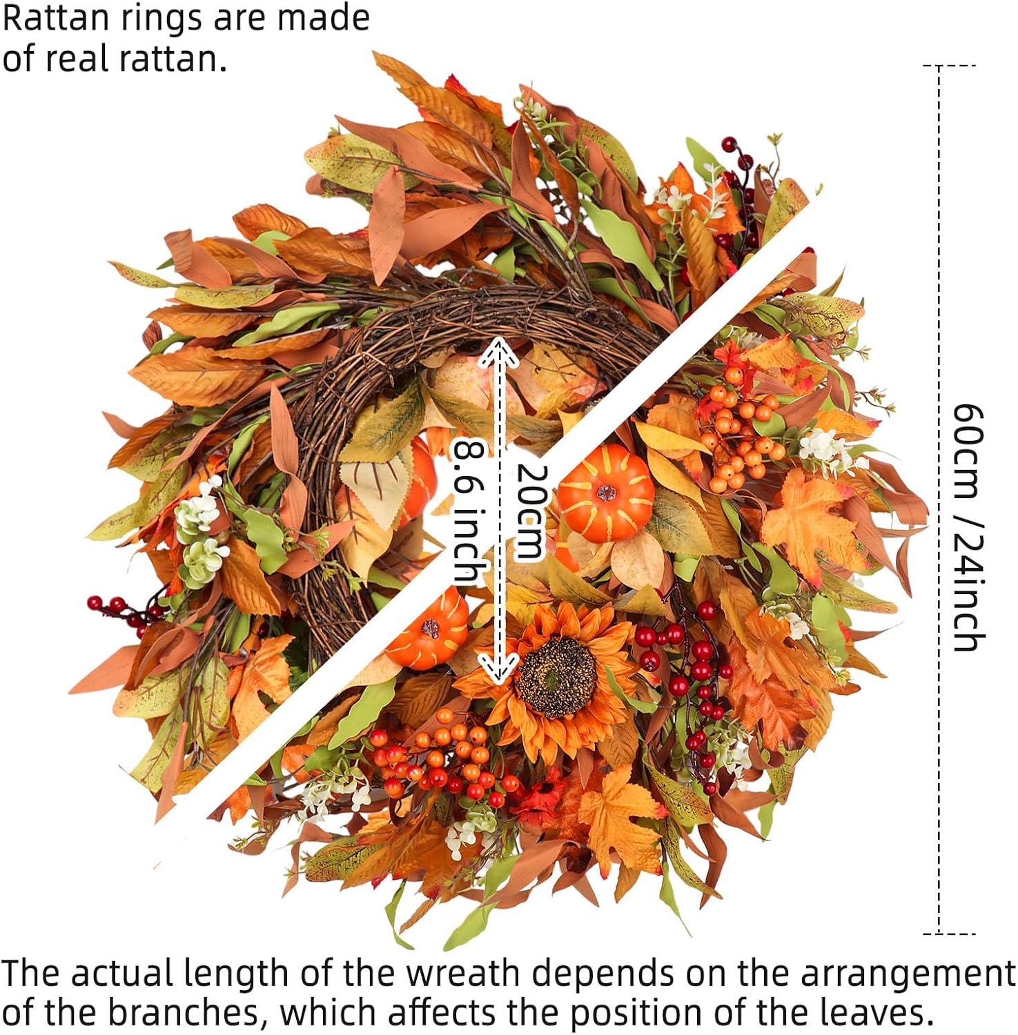 24 Inch Fall Wreath for Front Door Autumn Decor with Pumpkins Sunflowers Daisies Berries