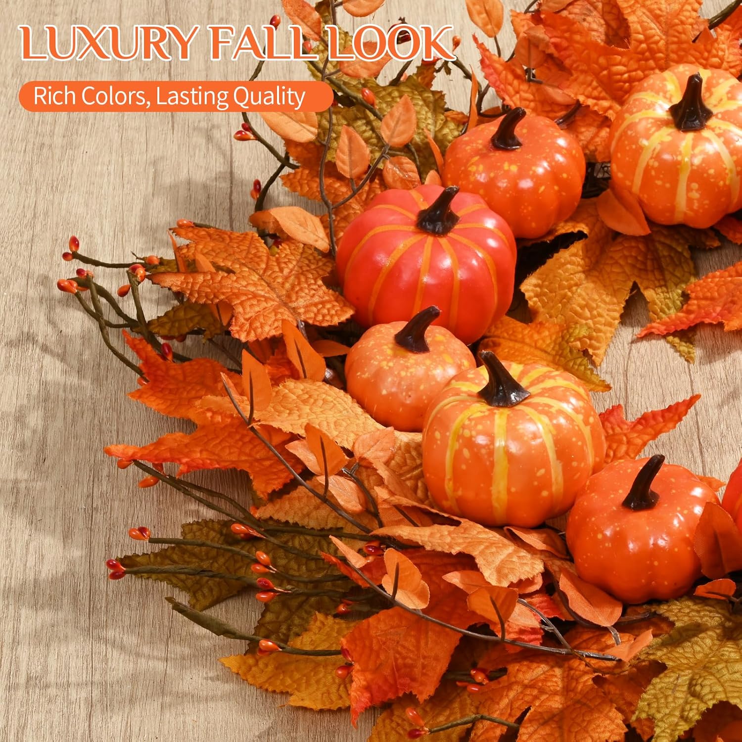 Fall Wreath for Front Door with Pumpkins Leaves 20 Inch Autumn Decor