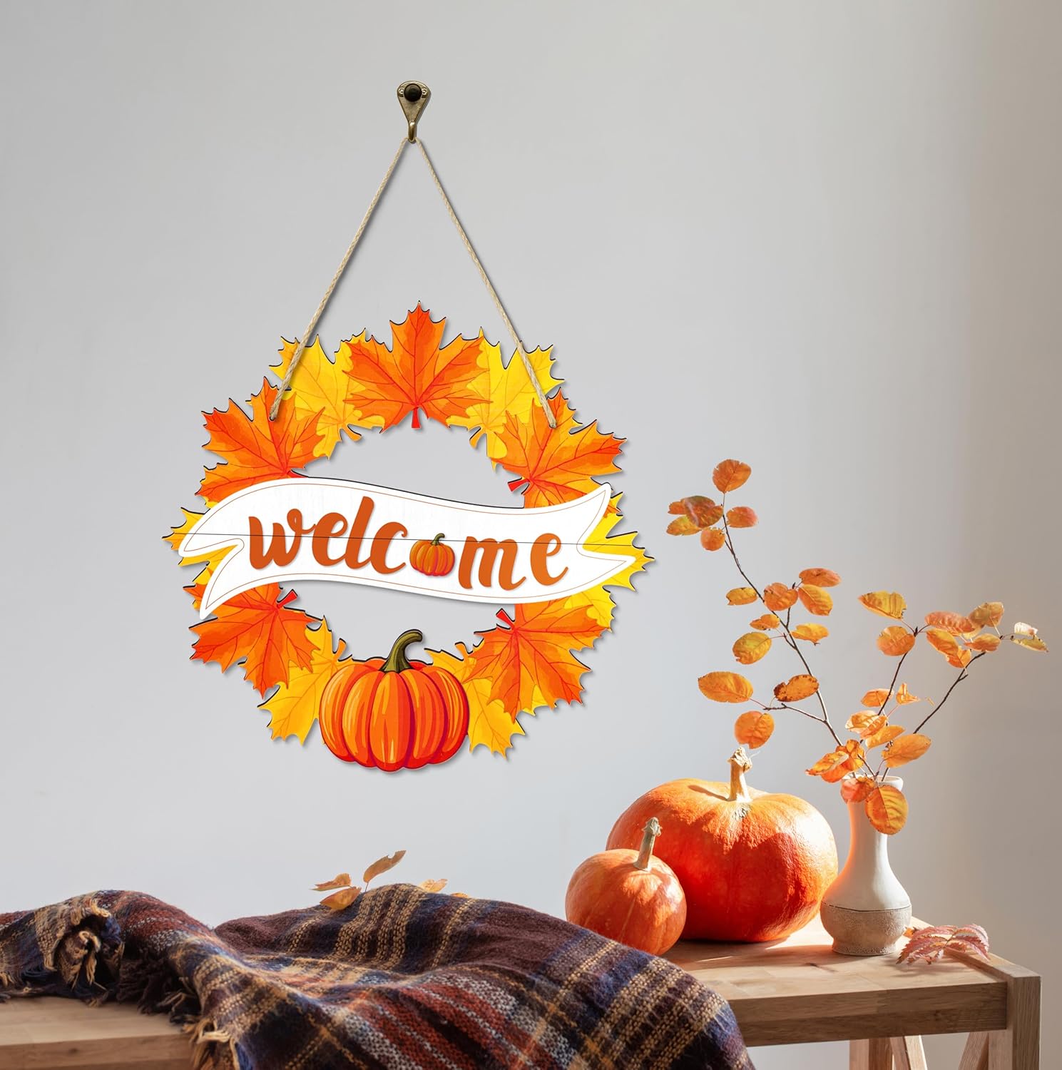 Fall Wreath for Front Door Decor Foldable Welcome Sign Autumn Thanksgiving Harvest Hanging Decoration