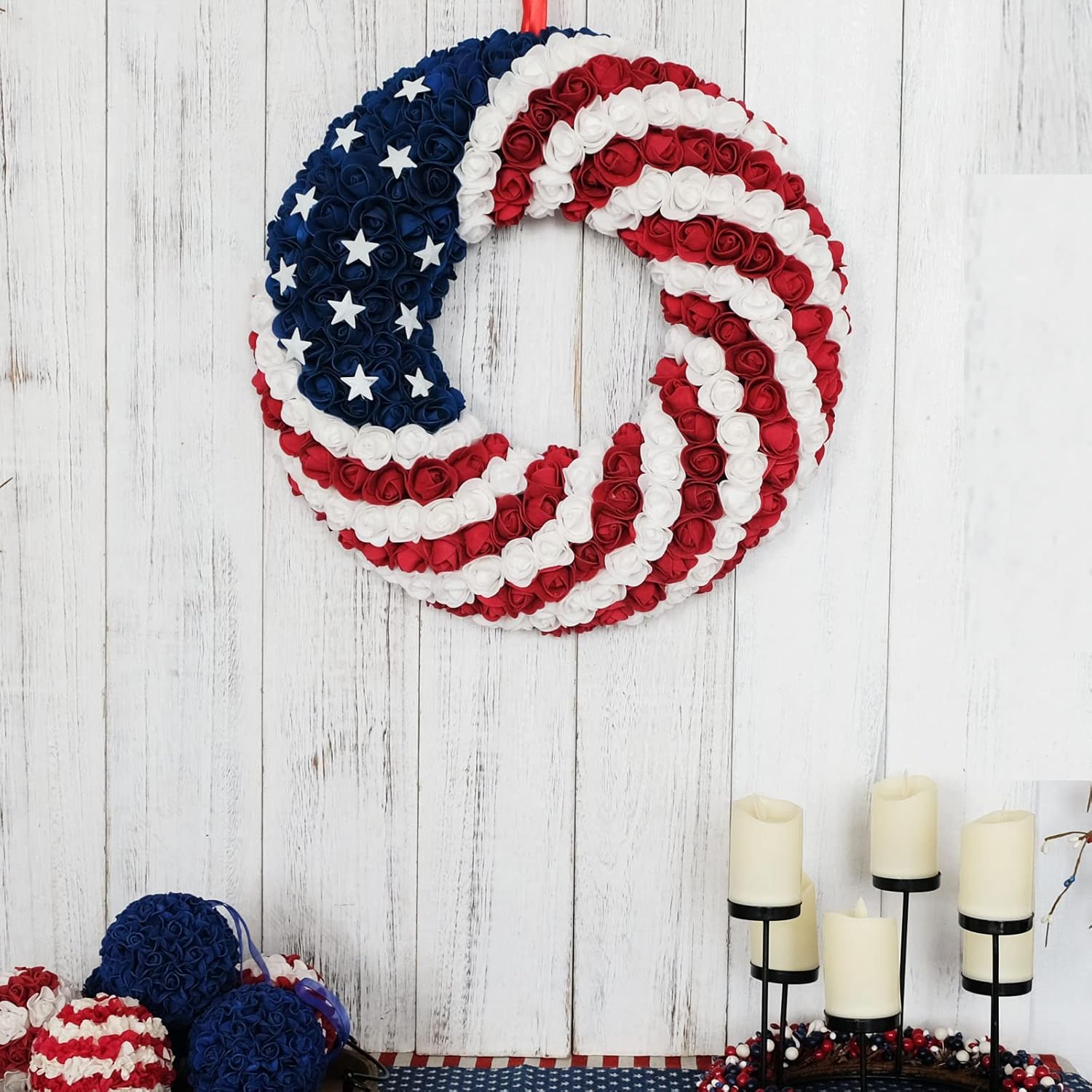 18 Inch Patriotic Roses Wreath for 4th of July