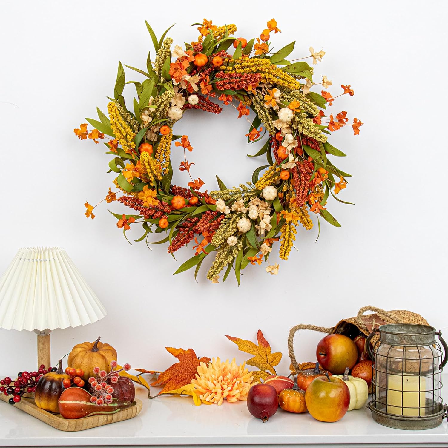 20 Inch Fall Wreath with Pumpkins Grain Ears Foliage