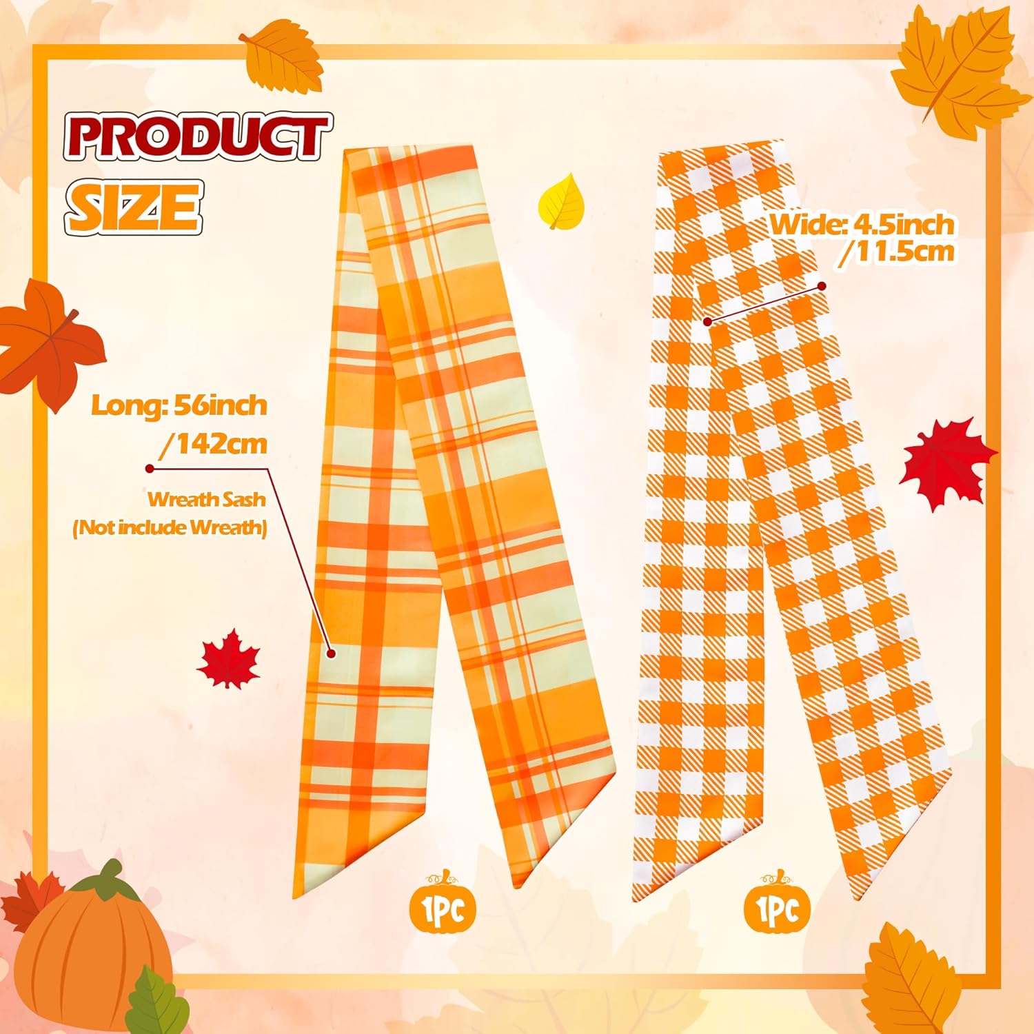 WATINC Autumn Orange Wreath Sash - 2pcs Fall Buffalo Check DIY Front Door Accessory
