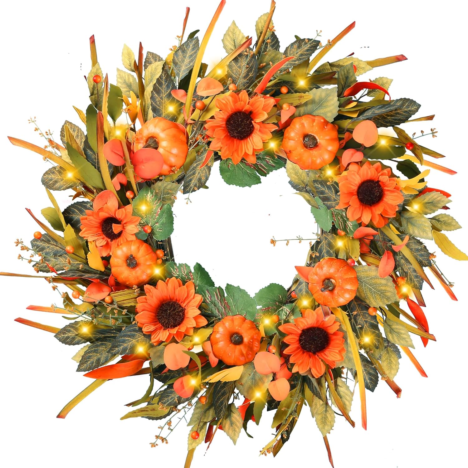 Sggvecsy 24 Inch Fall Wreath with Pumpkins and Sunflowers