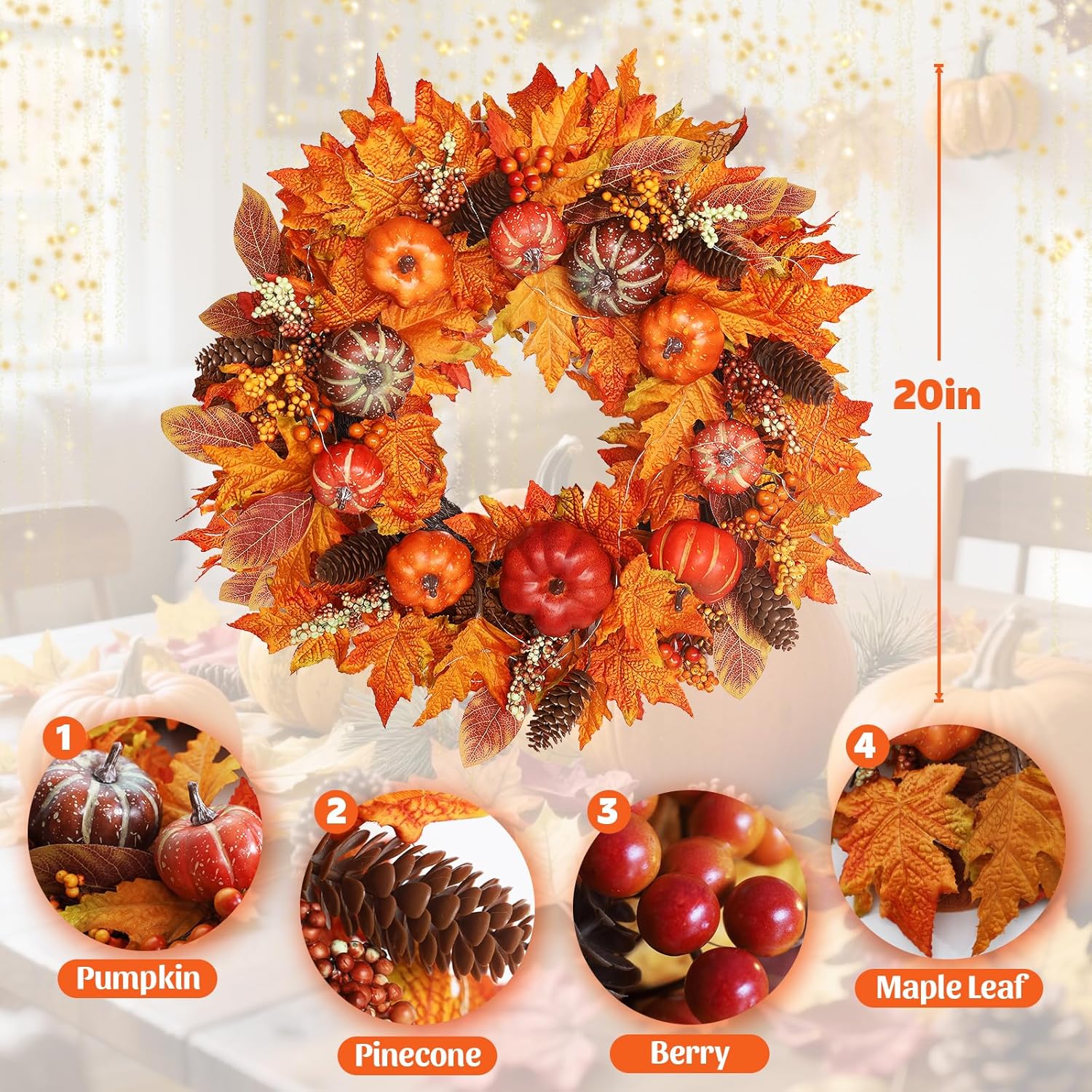 20 Inch Fall Wreath for Front Door Autumn Decor