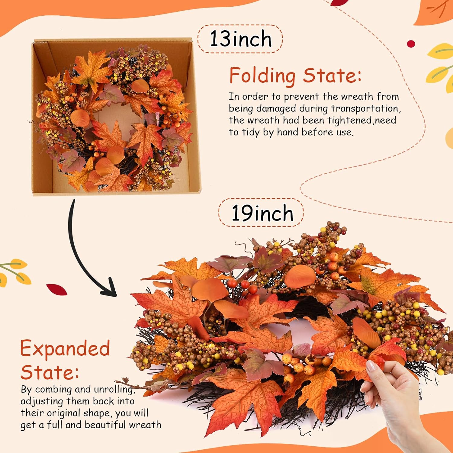 Artificial Fall Wreath for Front Door 19 Inch