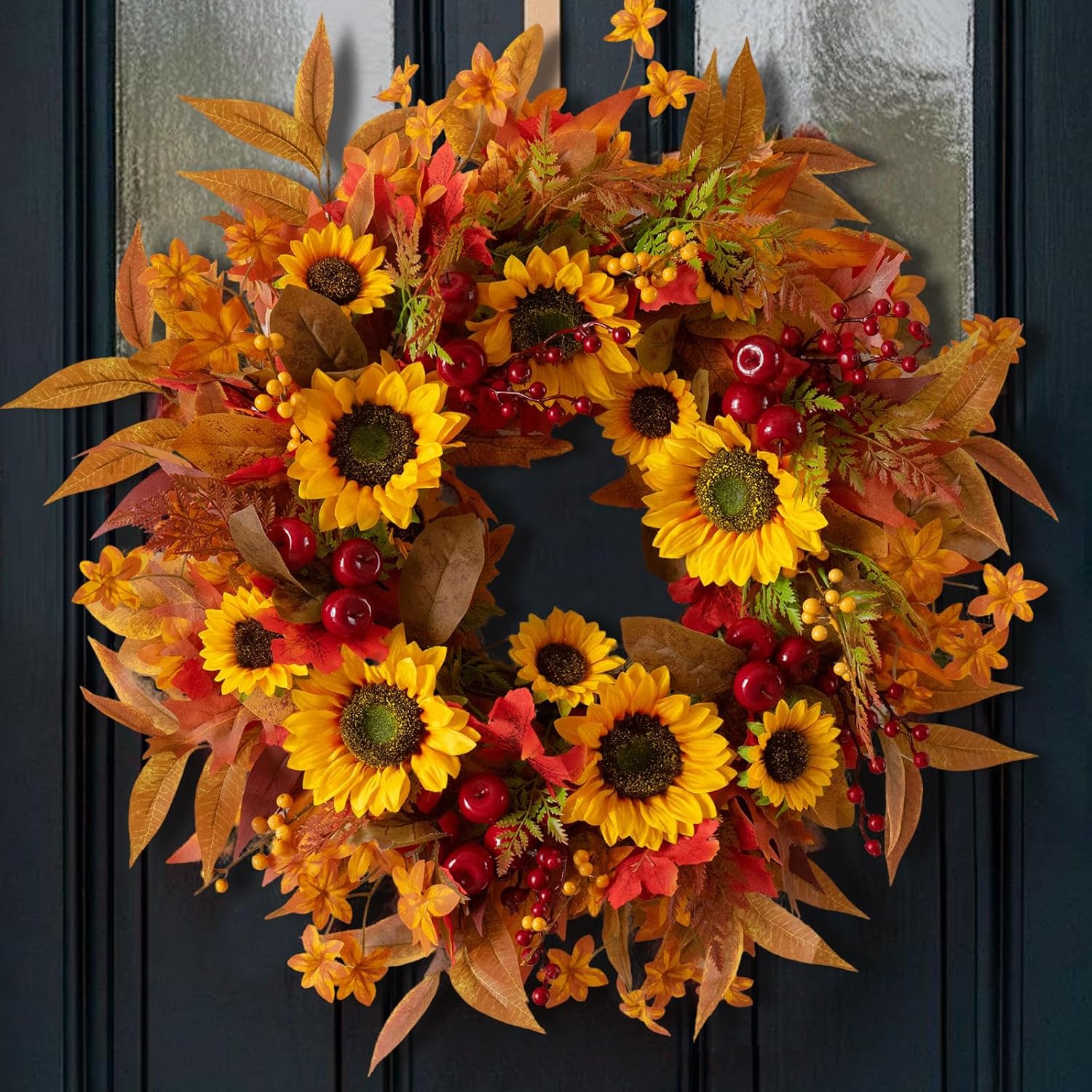 24 Inch Fall Wreath for Front Door - Autumn Decor with Sunflower Berries and Maple Leaves