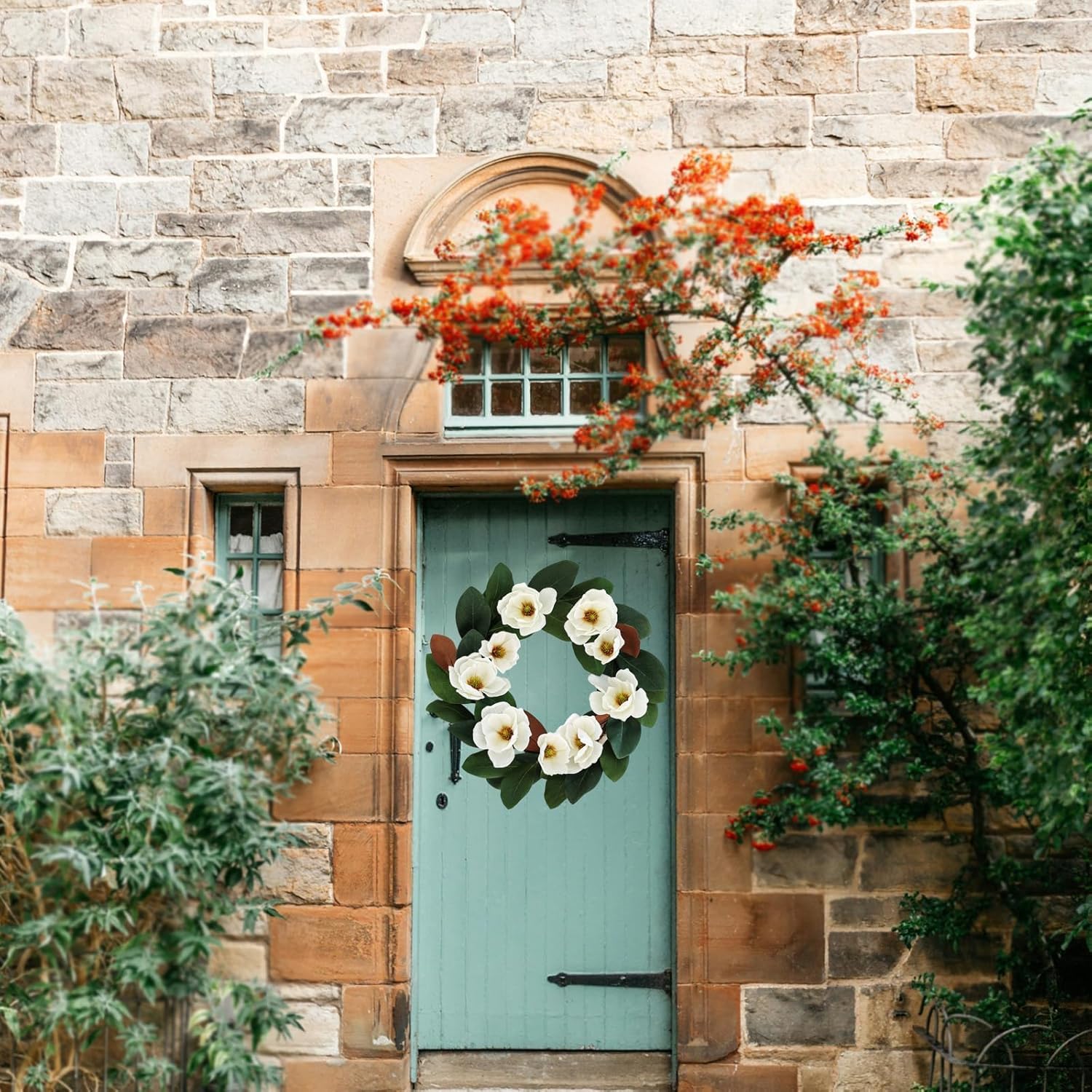 All Seasons Wreath for Front Door with Silk Cream Magnolia