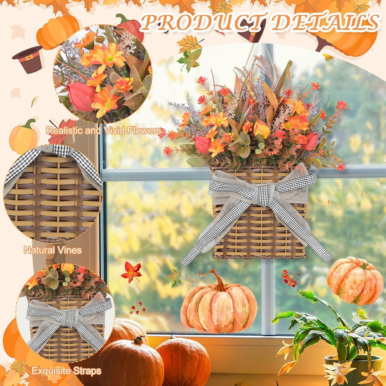 Fall Door Hanger Basket Wreath 15 Inch Decor