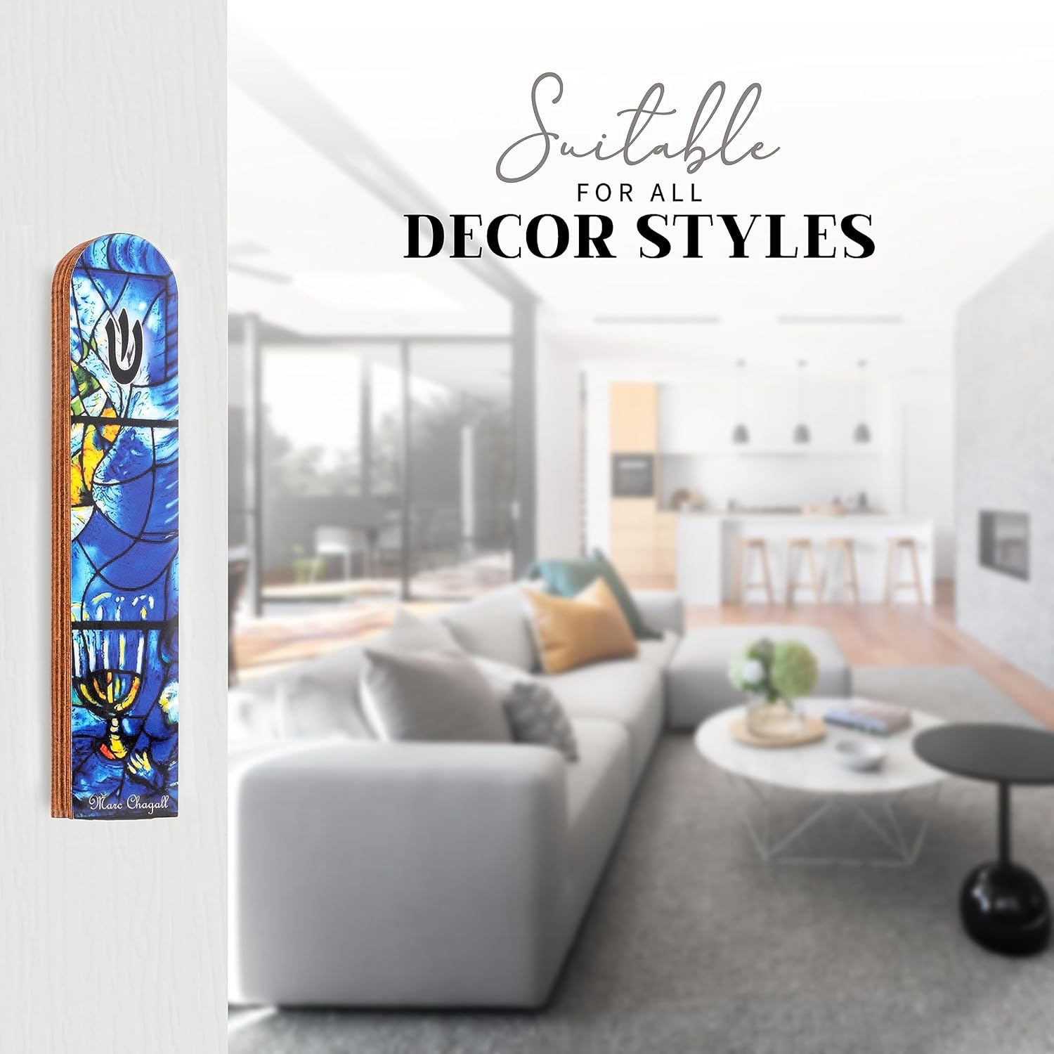 SURI Wooden Mezuzah with Blue Scroll 5 Inch Decorative Door Ornament