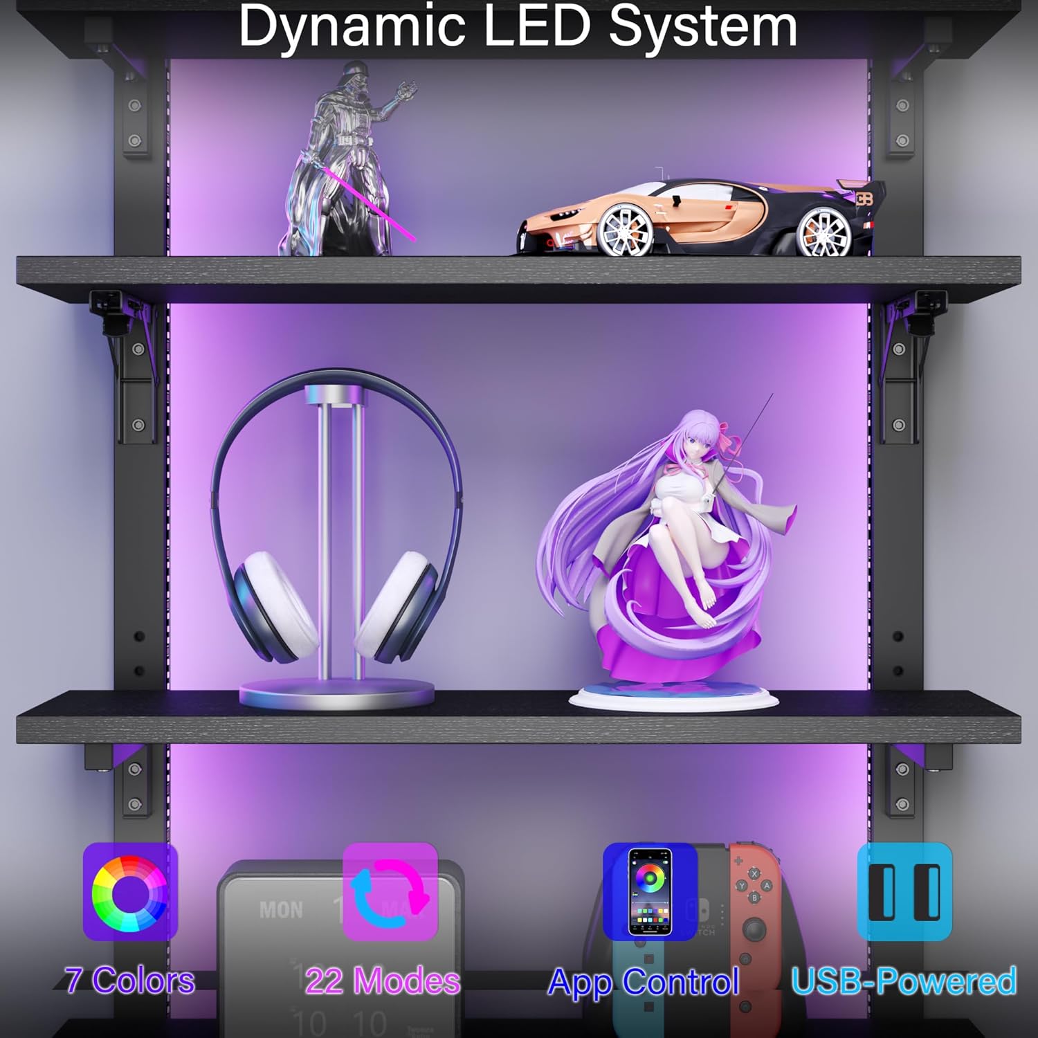 Spacesea Foldable Gaming Floating Shelf with LED Light and Hooks