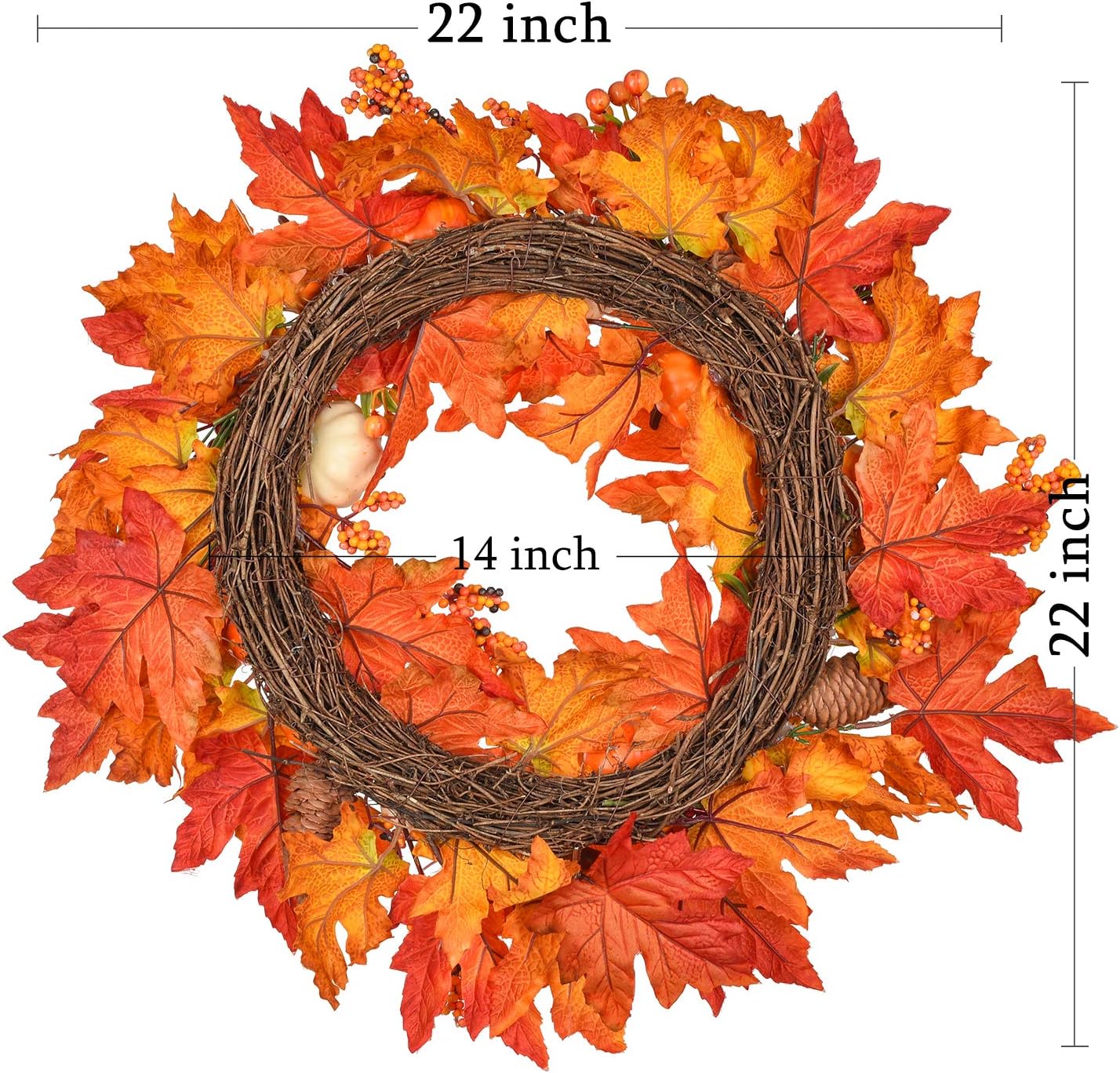 DearHouse 22 Inch Fall Wreath with Pumpkins and Maple Leaves