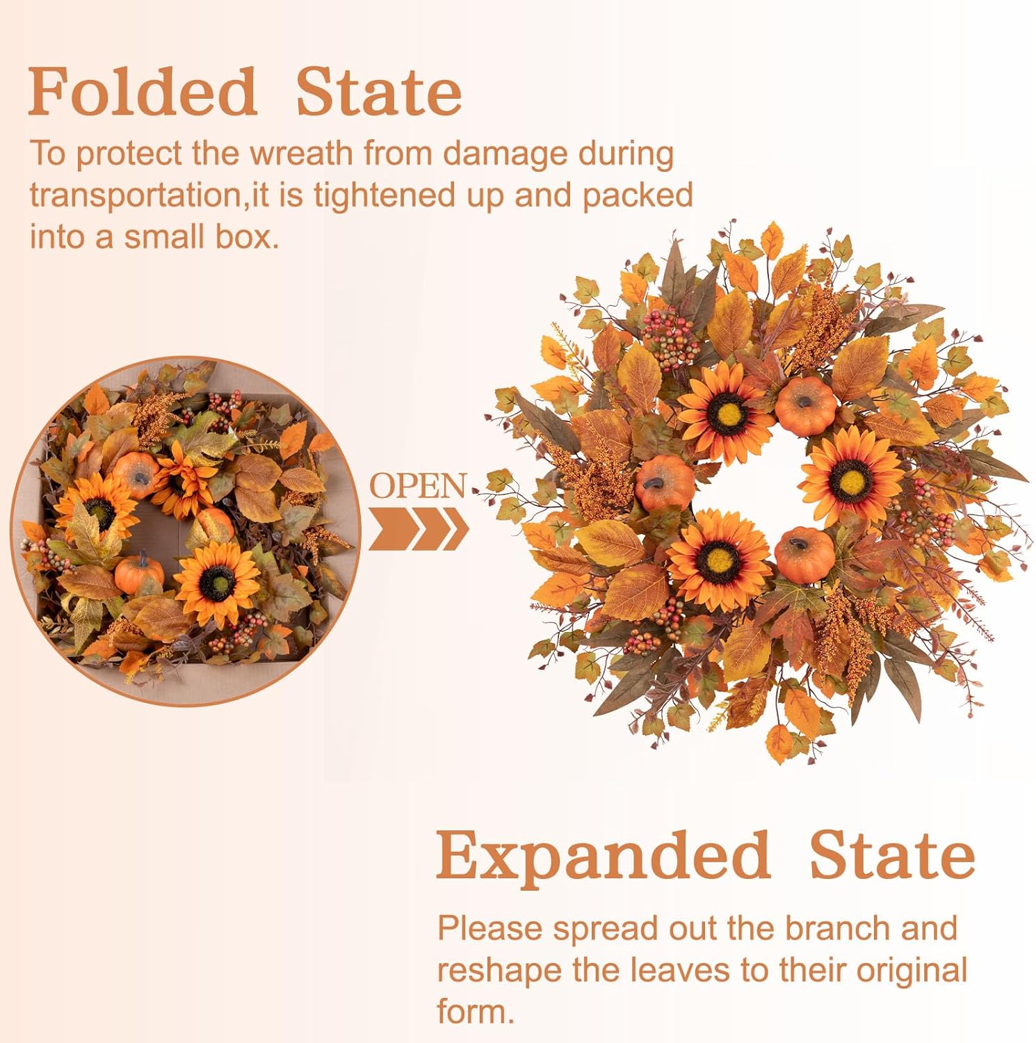 24 Inch Fall Wreath with Sunflowers and Pumpkins