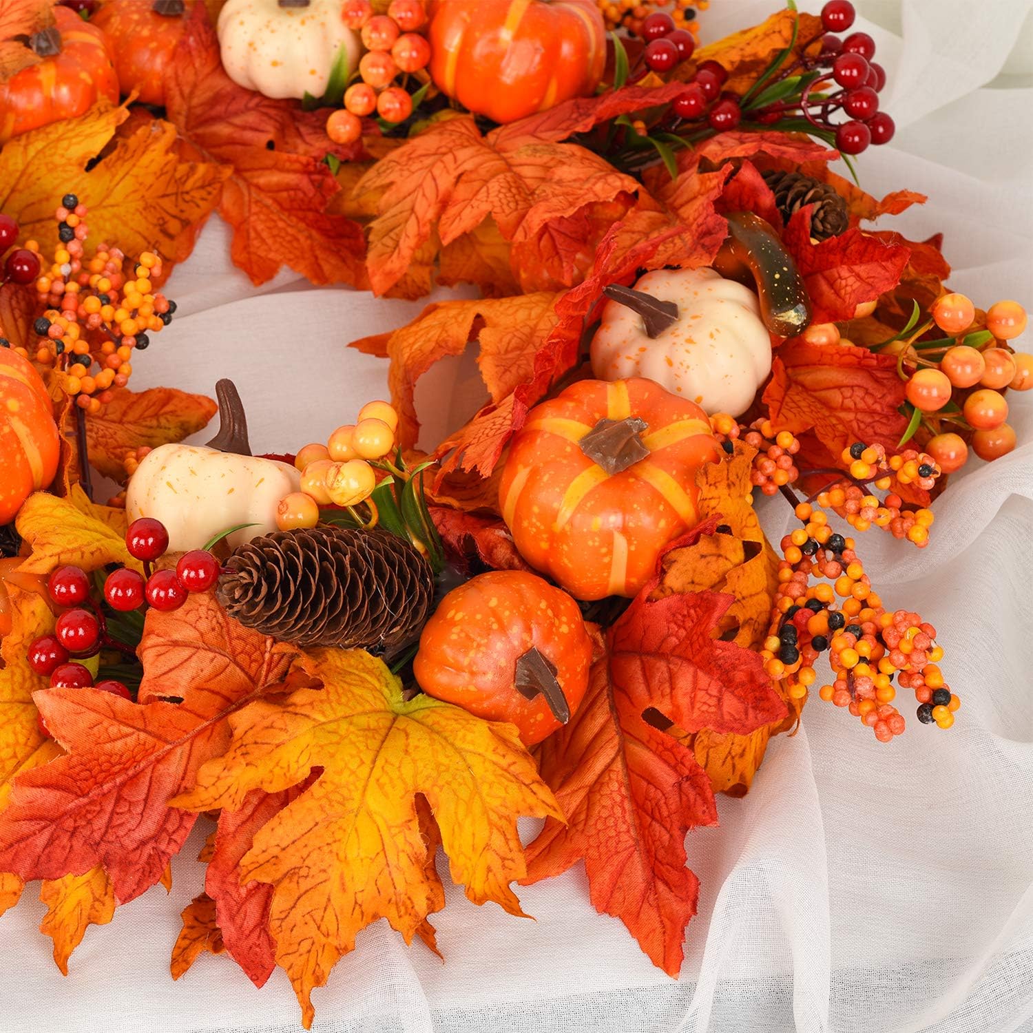 DearHouse 22 Inch Fall Wreath with Pumpkins and Maple Leaves