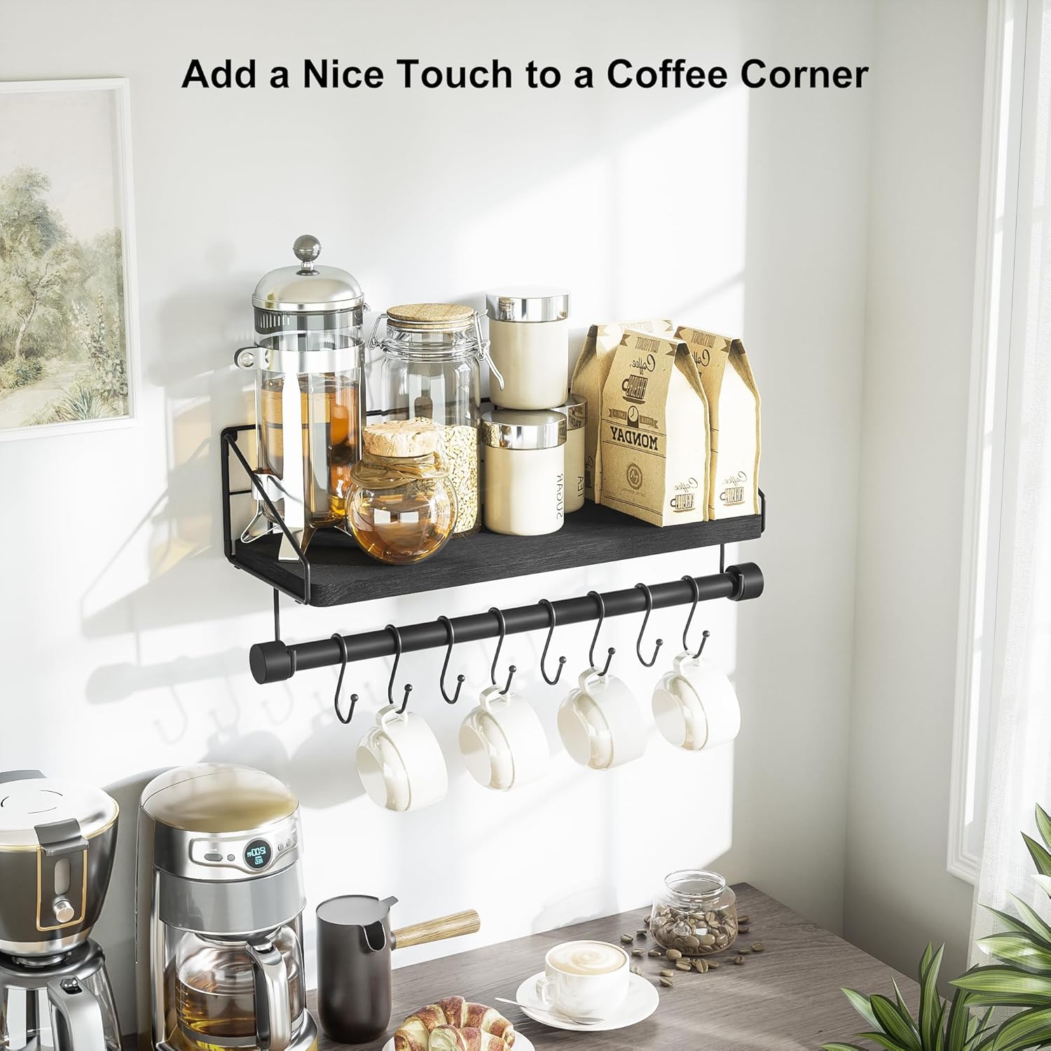 Alsonerbay Floating Wood Shelf with Hooks and Towel Bar