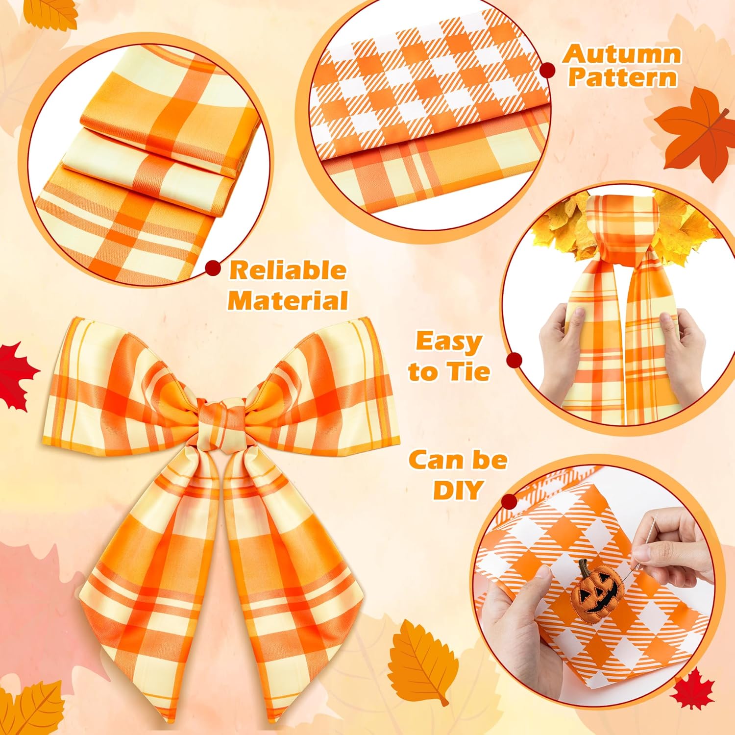 WATINC Autumn Orange Wreath Sash - 2pcs Fall Buffalo Check DIY Front Door Accessory