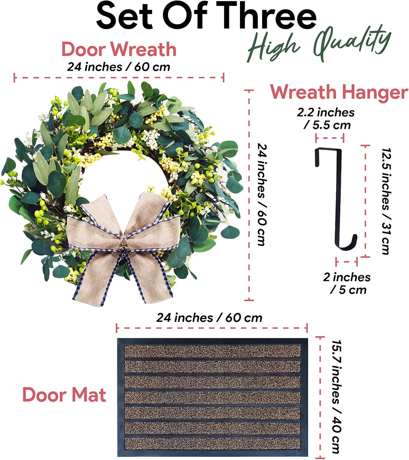 Artificial Eucalyptus Wreath with Doormat and Hanger - 24 Inch All Season Front Door Wreath