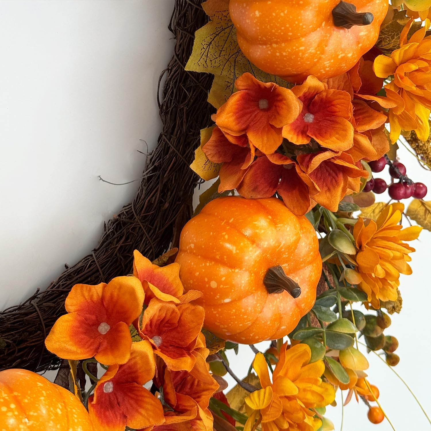 24 Inch Fall Door Wreath with Pumpkins and Hydrangeas