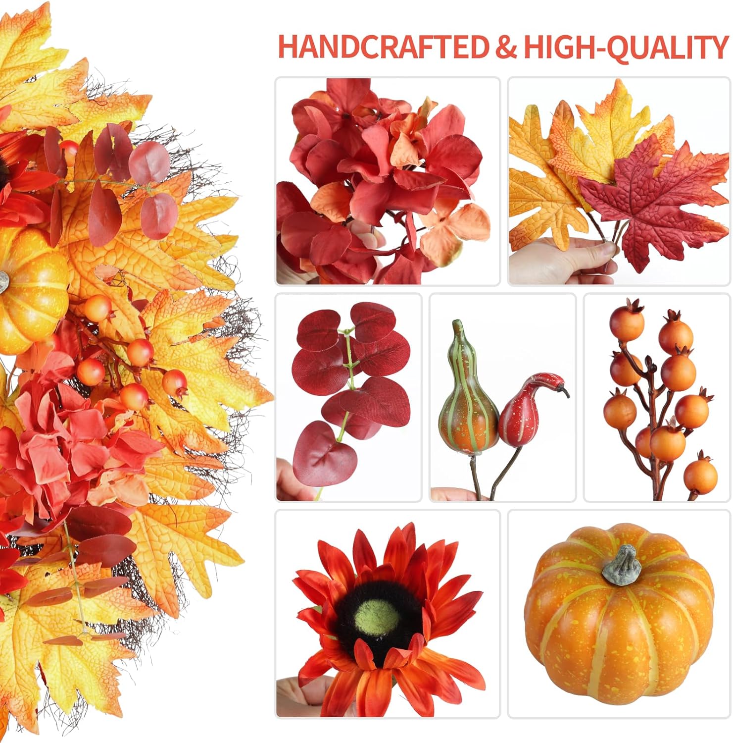 23 Inch Fall Wreath with Pumpkins Sunflowers Daisies and Maple Leaves
