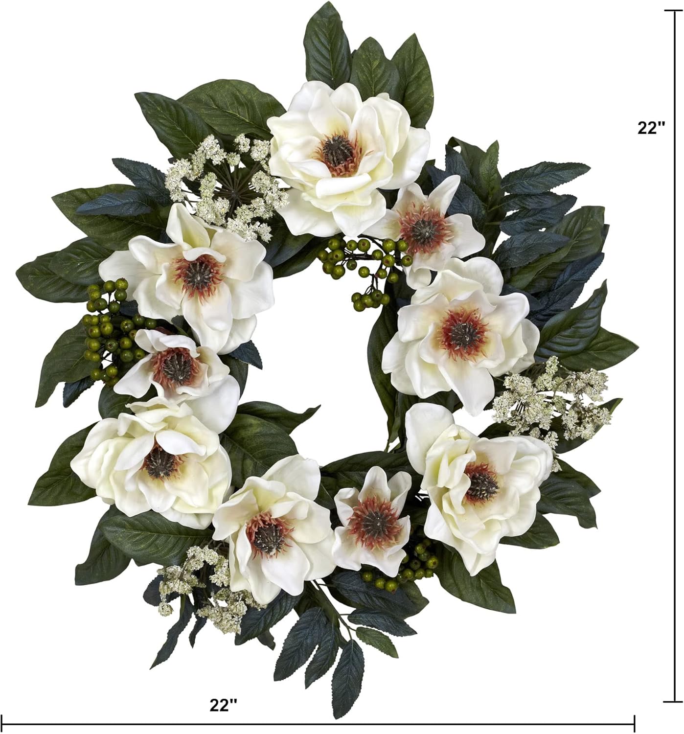 Nearly Natural 22in Magnolia Wreath White