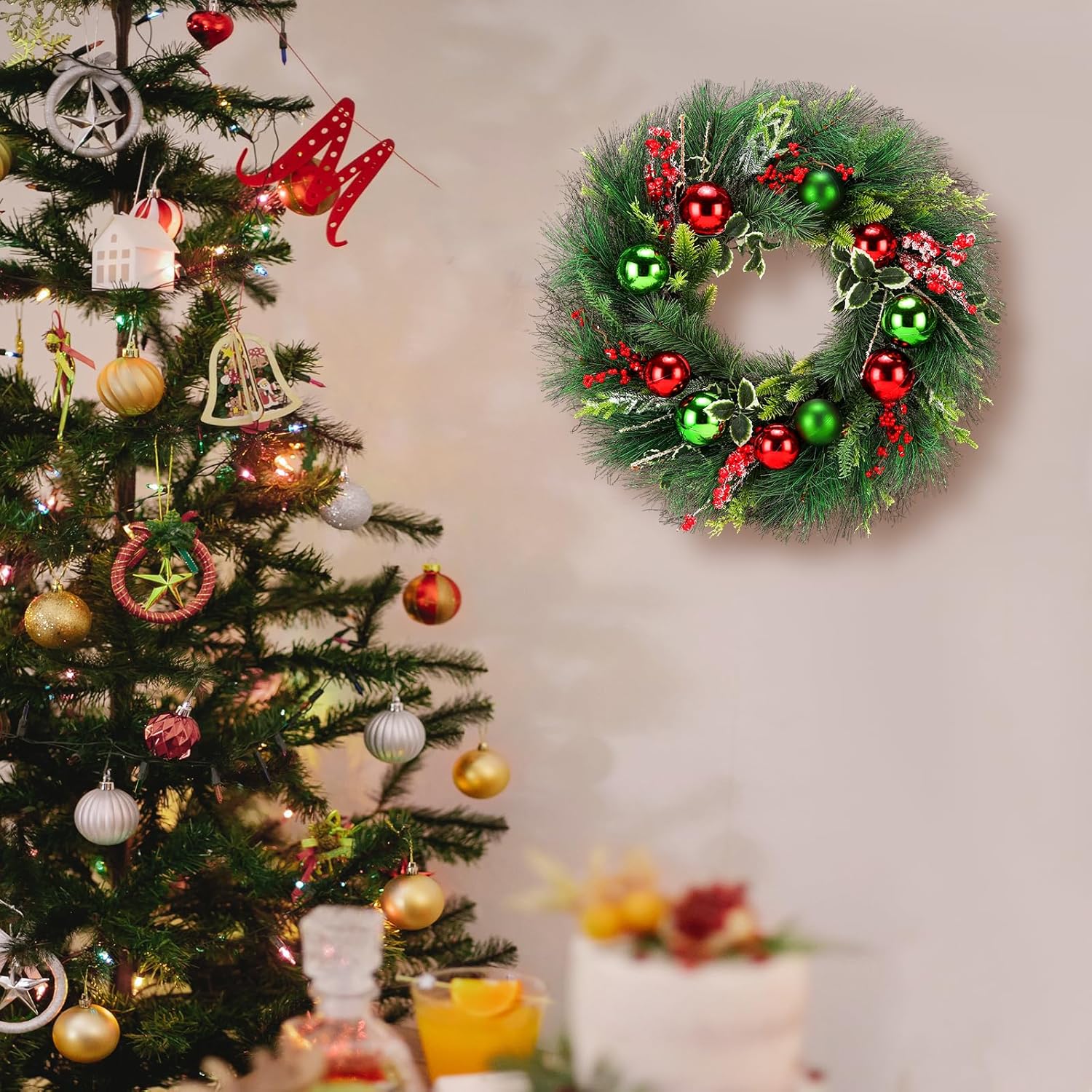 Christmas Wreath 24 Inch Artificial Green and Red Wreath with Hanger
