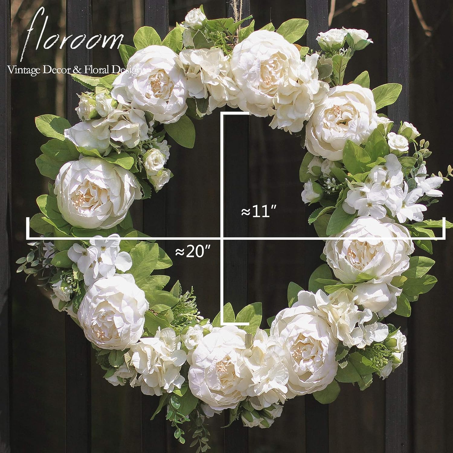 Floroom White Peony Hydrangea Wreath 20 Inch Wedding Decor