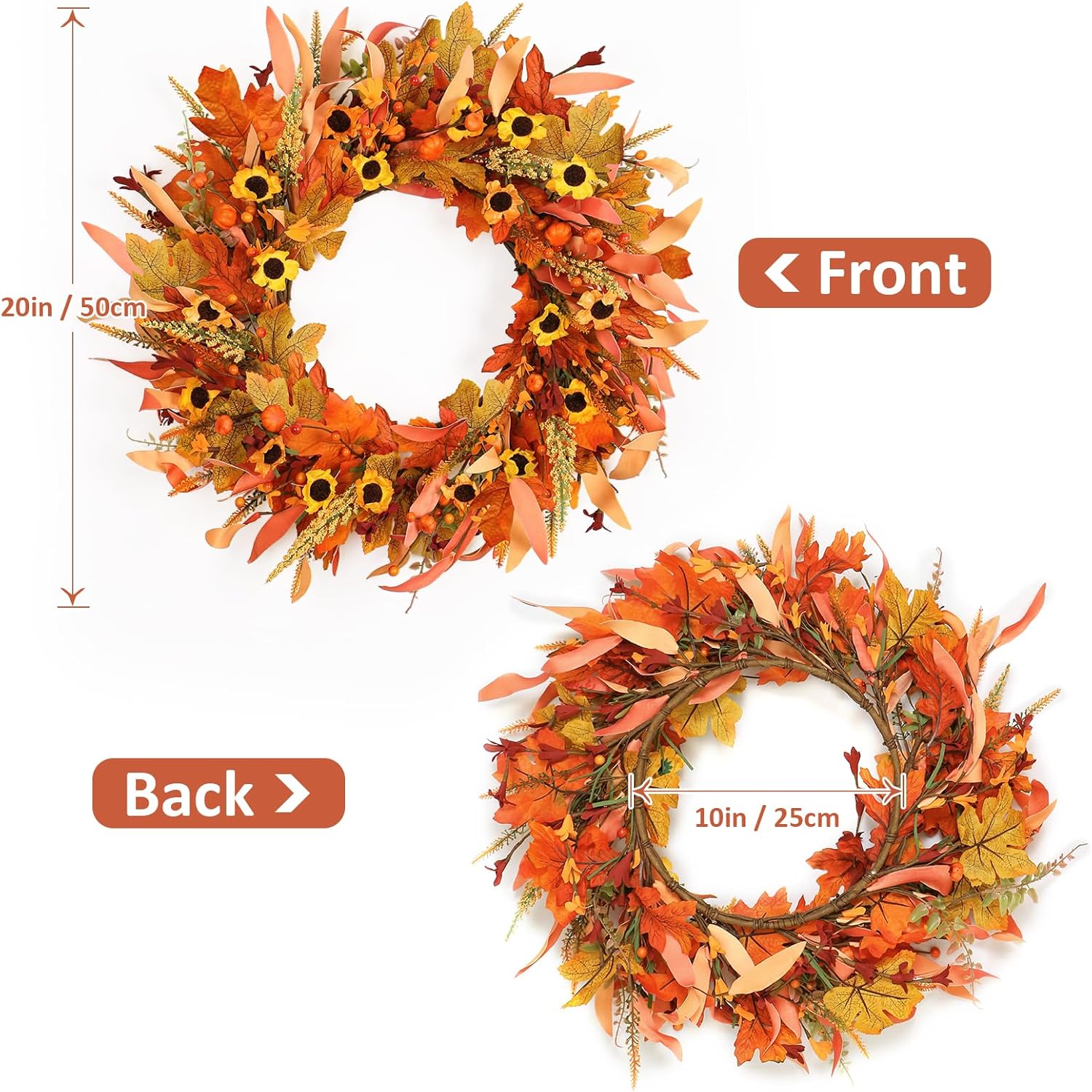 KHOYIME 20 Inch Artificial Autumn Wreath for Front Door