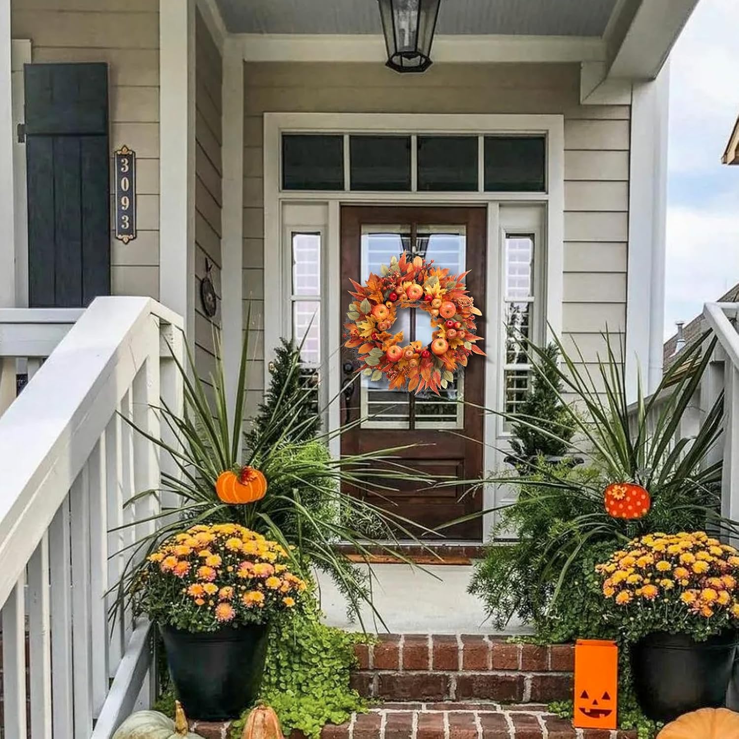 Fall Wreath for Front Door - 22 Inch Autumn Harvest Decor with Realistic Apples Berries Pomegranates and Maple Leaves