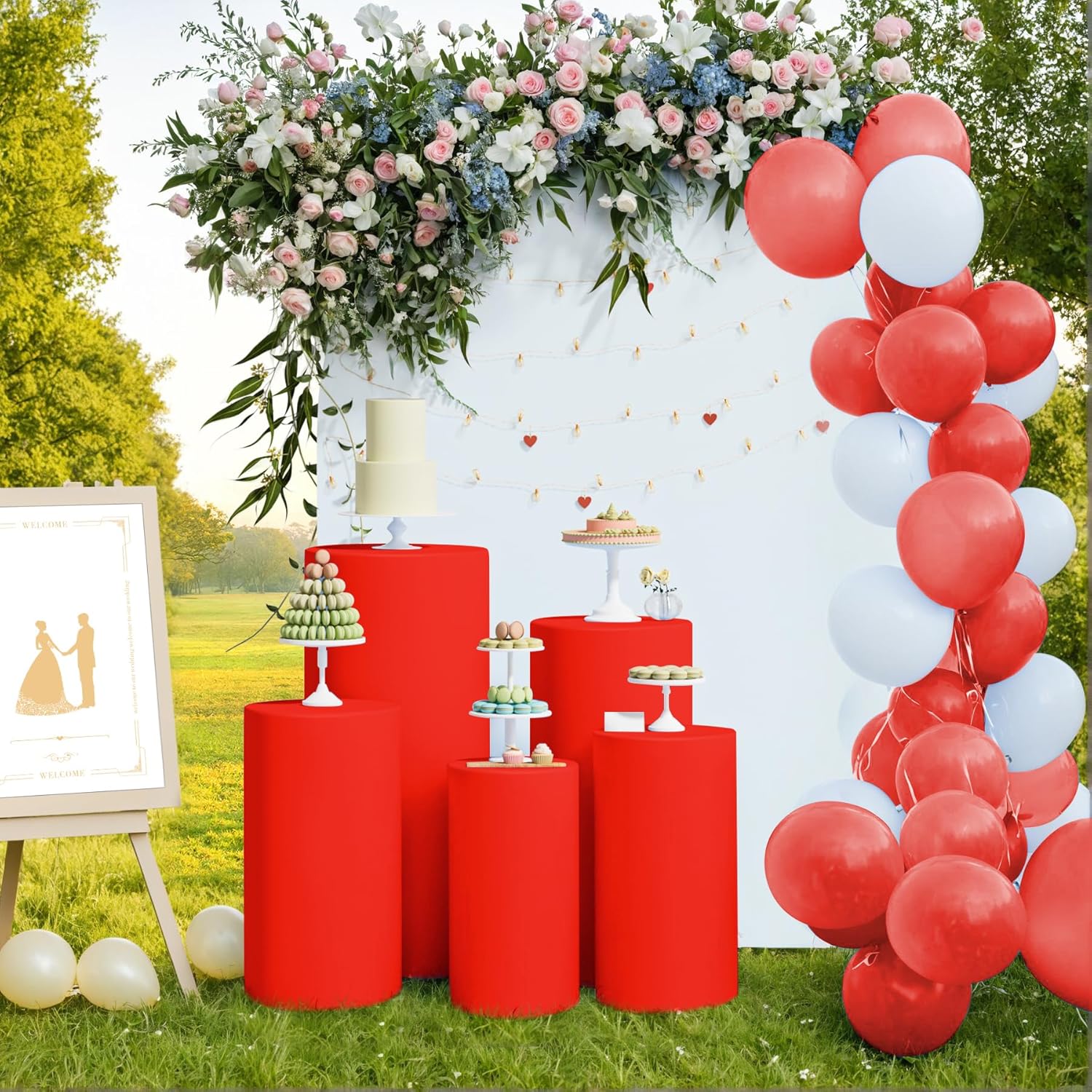 LEBENGURU Cylinder Pedestal Stand Covers Red 5Pcs