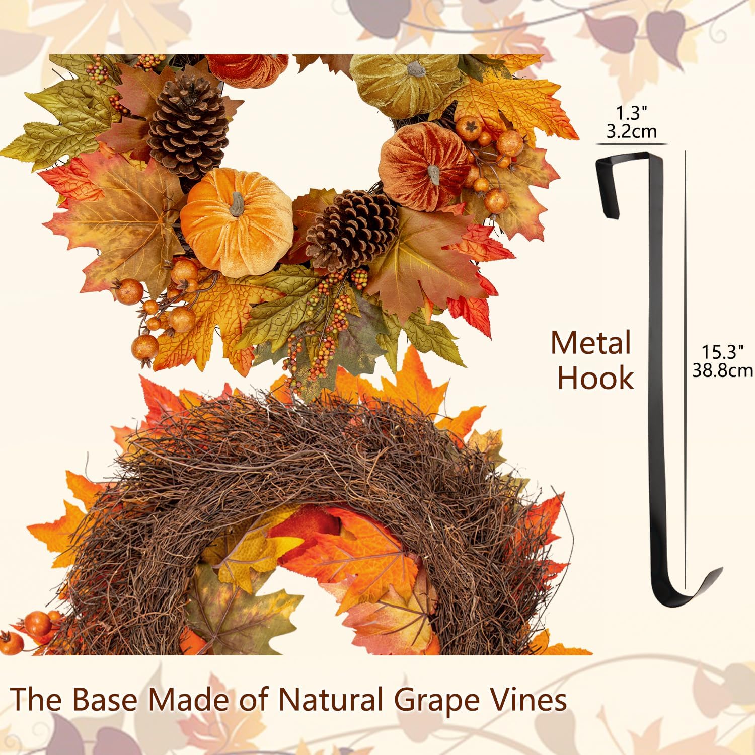 Gorgeous Fall Wreath with Velvet Pumpkins and Metal Hook